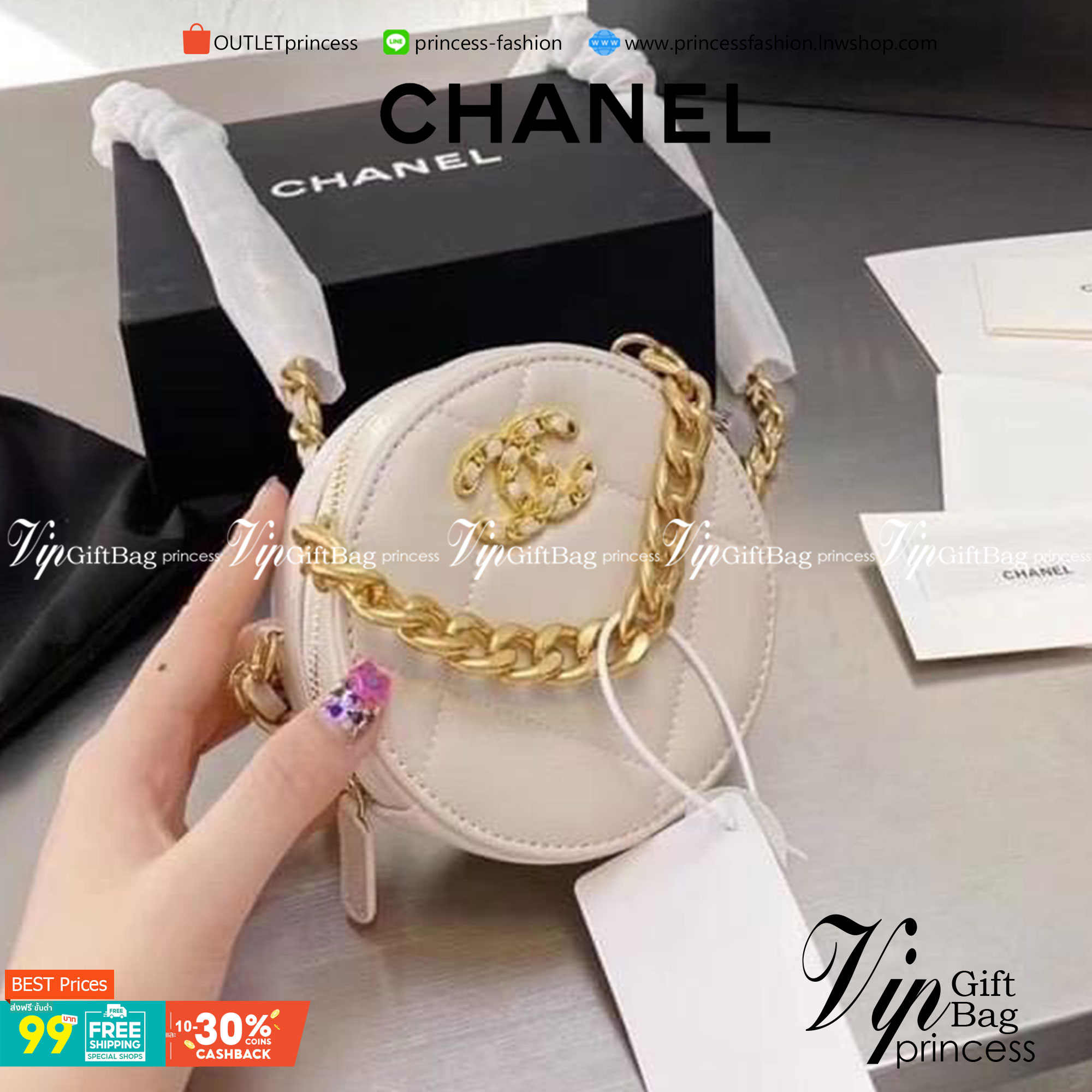 CHANEL Goatskin round quilted rhombic chain crossbody bag กระเป๋าสะพายทรงกลม งานหนังสวยมาก สายโซ่ทองรมควันสลับเงินเพิ่มความหรูหรา เป็นรุ่นตามหาที่ลูกค้าสอบถามเข้ามาเยอะมาก สินค้าเข้าแล้วน้า พร้อมส่งความสวยแล้วค่าา พร้อมส่ง 4 สี ดำ ขาว เบจ ชมพู