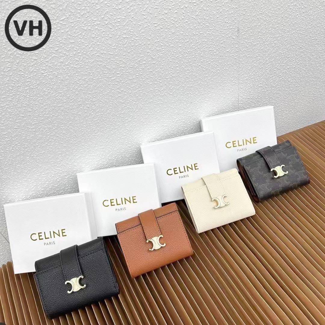 ORI หนังแท้ | CELINE Small Triomphe Wallet / Celine Short Wallet กระเป๋าสตางค์ใบสั้น กระเป๋าสตางค์เซลีน