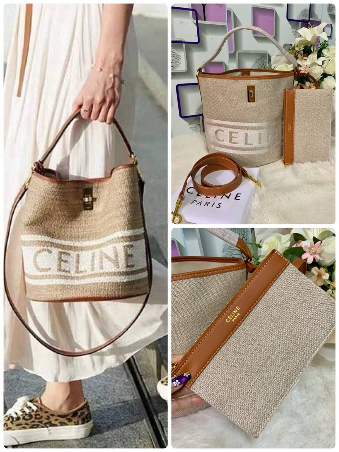 VIP 🥂 CELINE TEXTILE BUCKET BAG VIP / Celine Bucket Bag Beige / Tan วัสดุ Textile Canvas & CalfSkin ดีไซน์ทรง Bucket มาพร้อม Clutch ใบเล็กเข้าชุด ซื้อ 1 ได้ถึง 2 เป็นอีกหนึ่งรุ่นฮิตกันมาก งานสะไตล์วินเทจ ขนาดกำลังดี ผ้าเนื้อหนาค่ะ งานสวยตั้งอยู่ทร