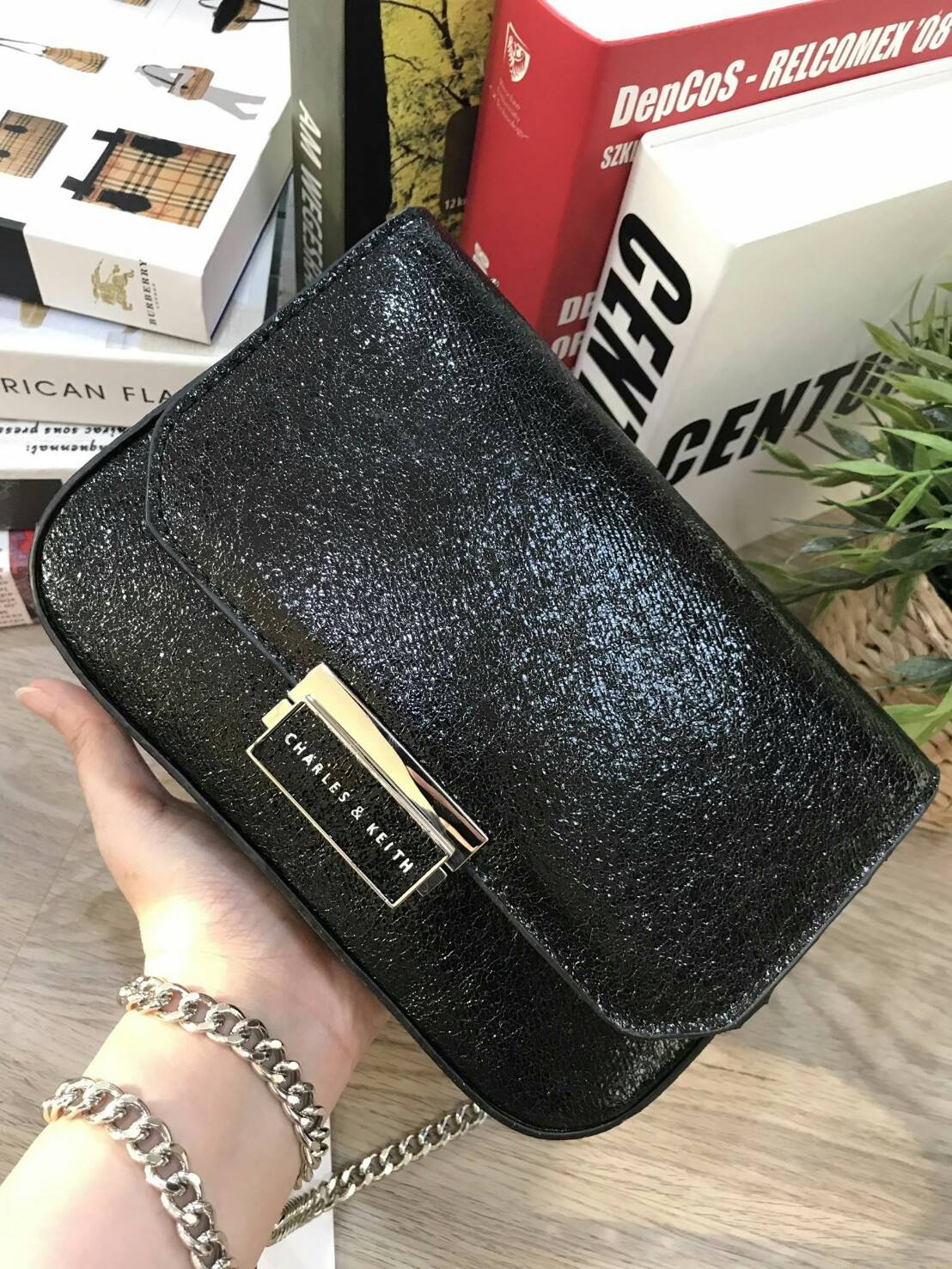 CHARLES & KEITH PUSH-LOCK CHAIN SLING BAG 2018 กระเป๋าสะพายวัสดุหนังคาเวียร์สวยอยู่ทรง ขนาดมินิกำลังดี น้ำหนักเบา เปิดปิดด้วยฝาปิดตัวล็อคปั๊มโลโก้ด้านหน้า ภายใน มีช่องซิป และช่องใส่บัตร มาพร้อมสายสะพายโซ่ยาวสามารถซ้อนสายสั้นสะพายไหล่ หรือสายยาว Crossbodyไ