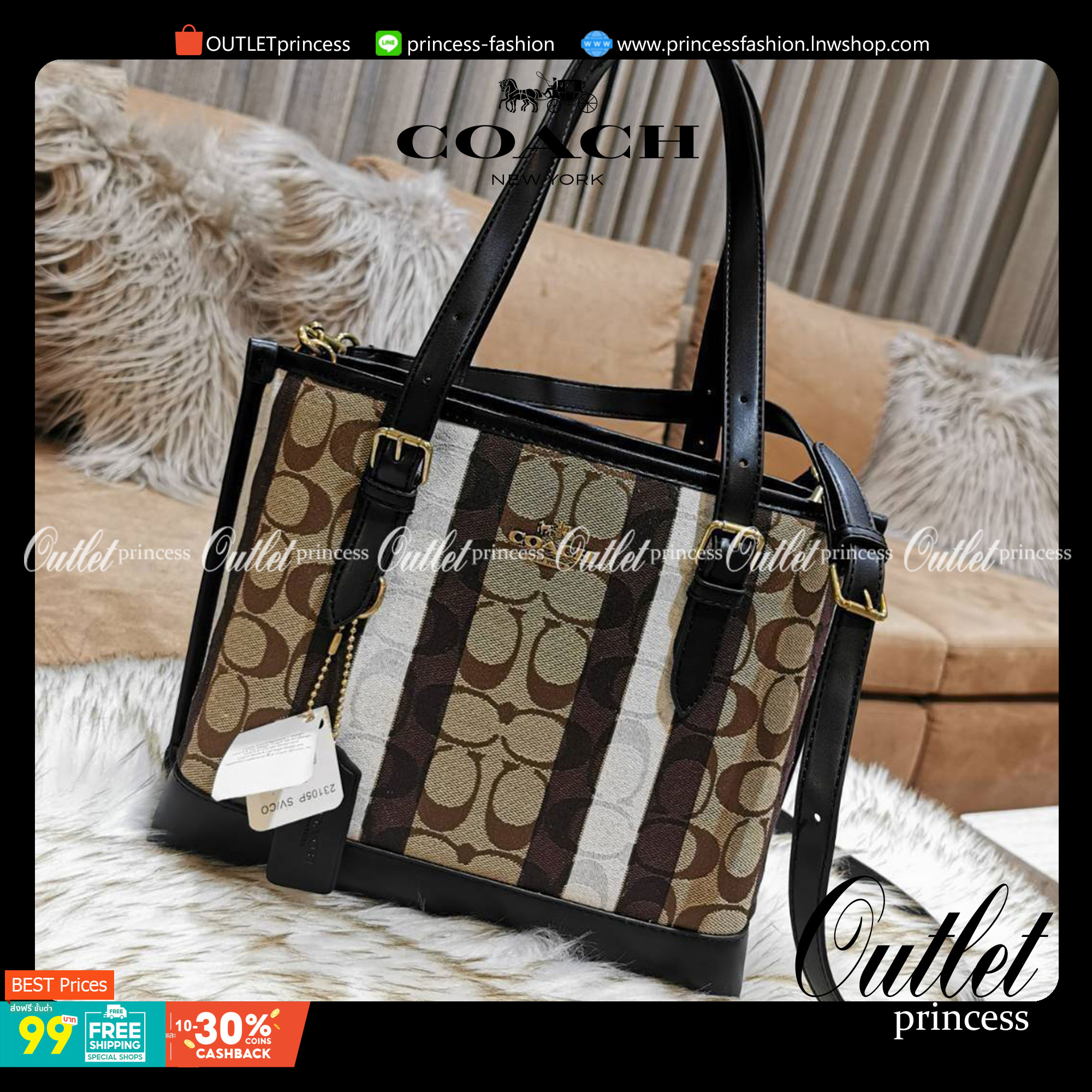 Coach Mollie Tote 25 In Signature Jacquard With Stripes กระเป๋าสะพายใหม่ล่าสุดจาก Coach Factory วัสดุ Canvas & Calfskin ดีไซน์ Casual เทคเจอร์สวยอยู่ทรงด้านหน้าประดับโลโก้แบรนด์ ภายในมีช่องแบ่งแยกเป็นสัดส่วน มีช่องซิปกลาง ใส่มือถือ กระเป๋าสตางค์ยาว ของใช้