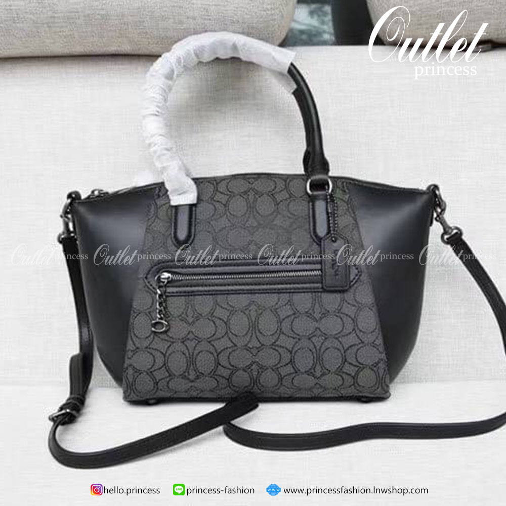 Coach Elise Satchel In Signature Canvas Product Details Signature coated canvas and refined calf leather Inside zip and snap pockets Zip-top closure, fabric lining Handles with 4 1/2" drop Outside zip pocket