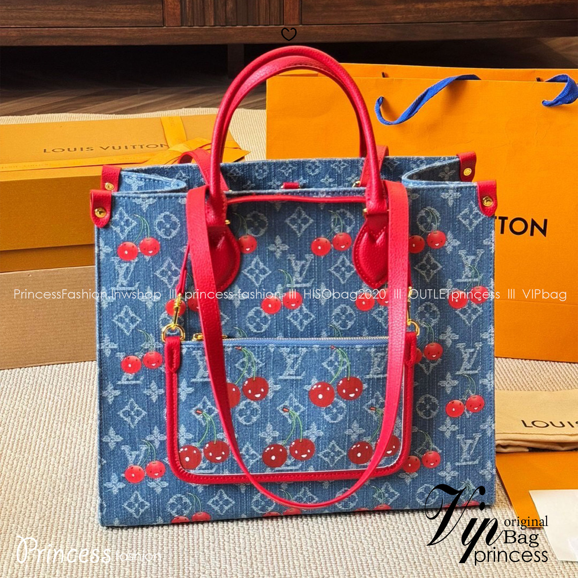 LV OnTheGo MM Monogram cherry denim 35cm กระเป๋าสะพายทรงโท้ทใบใหญ่ จุของได้เยอะ ไอเท็มสุดโดดเด่นมีชีวิตชีวา ด้วยเดนิมวินเทจปักลายเชอร์รี่สีสันสดใสสะดุดตาสะท้อนสไตล์ไอคอนิก