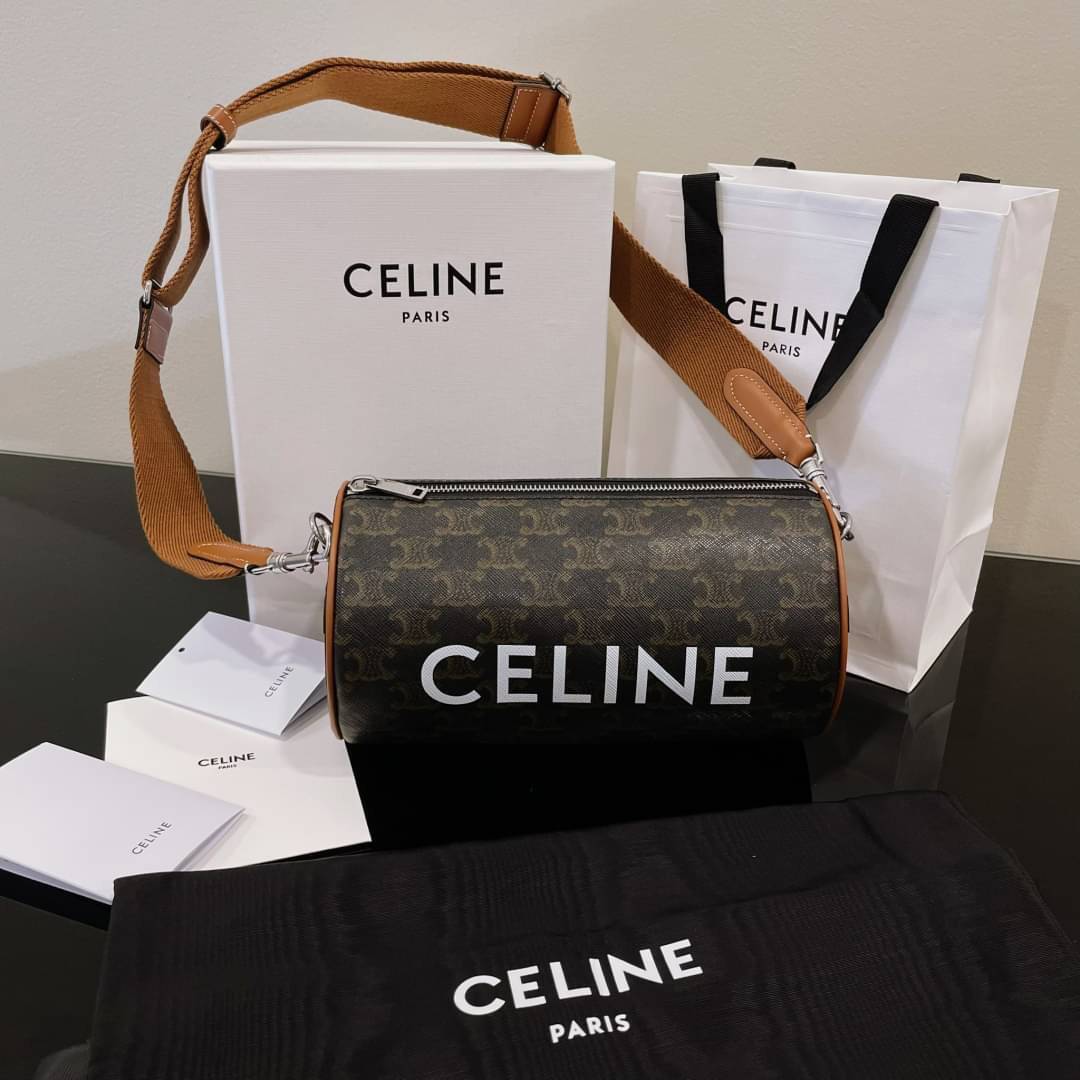 ORI CELINE cylinder bag in TRIOMPHE CANVAS Tan เกรดออริจินอล หนังแท้ พร้อมส่งที่ไทย ภาพถ่ายจากงานขายจริง ใช้งานต่างประเทศได้