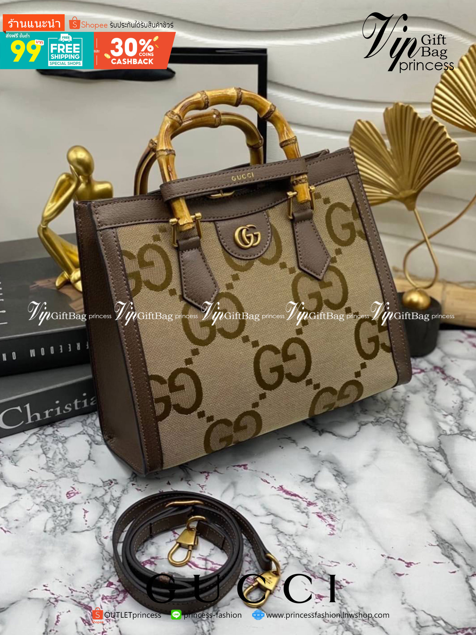 หนังแท้ Gucci Diana jumbo GG small tote bag 27cm พร้อมส่งที่ไทย Brown Camel and ebony jumbo GG canvas ภาพสินค้าถ่ายจากงานขายจริง ใช้งานต่างประเทศได้ค่ะ