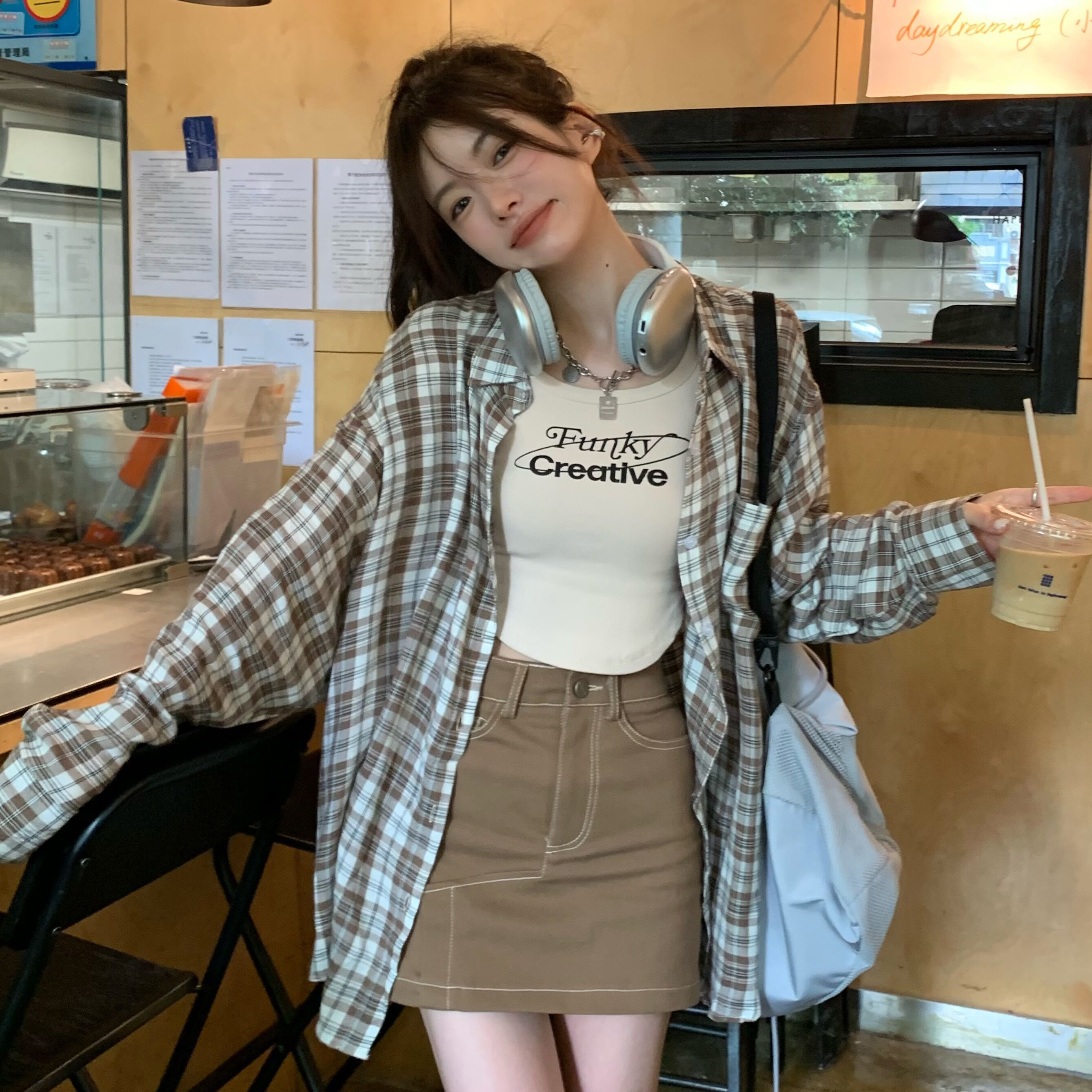 พร้อมส่ง มีขายทั้งชุด 🛌🌟🍞 Funky Creative เสื้อเชิ้ตลายสก็อต สายเดี่ยว กระโปรง Y2K สุดปังมาก (38051)