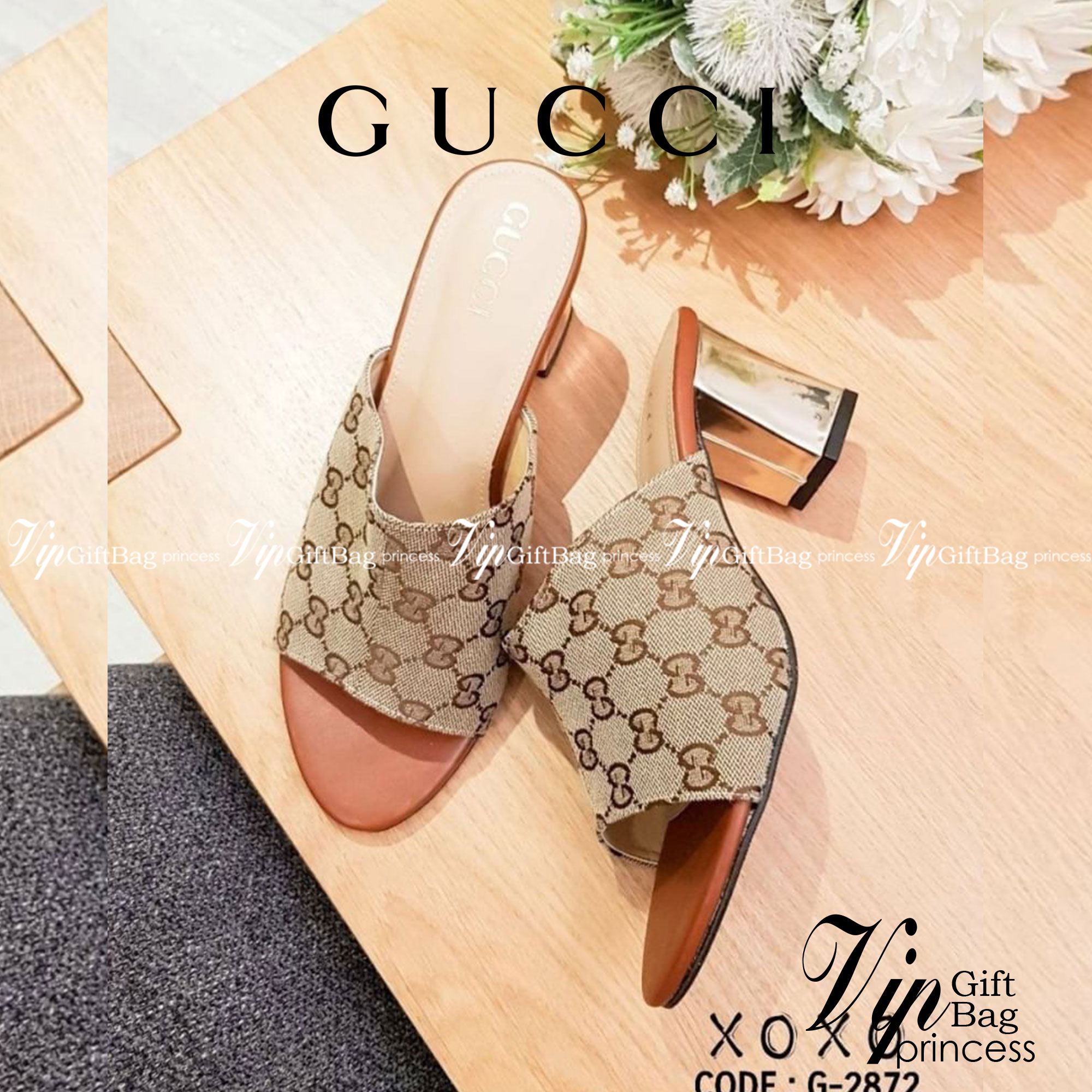 Gucci Shoes รองเท้างานสวม สวยหรู วัสดุผ้าลายแบรนด์ งานใส่สบาย ส้นแท่ง ห่อหนังกระจก เงา สวย แมทส์ชุดง่าย ดูสง่า สวยหรูเวลาจับแมทส์ชุด