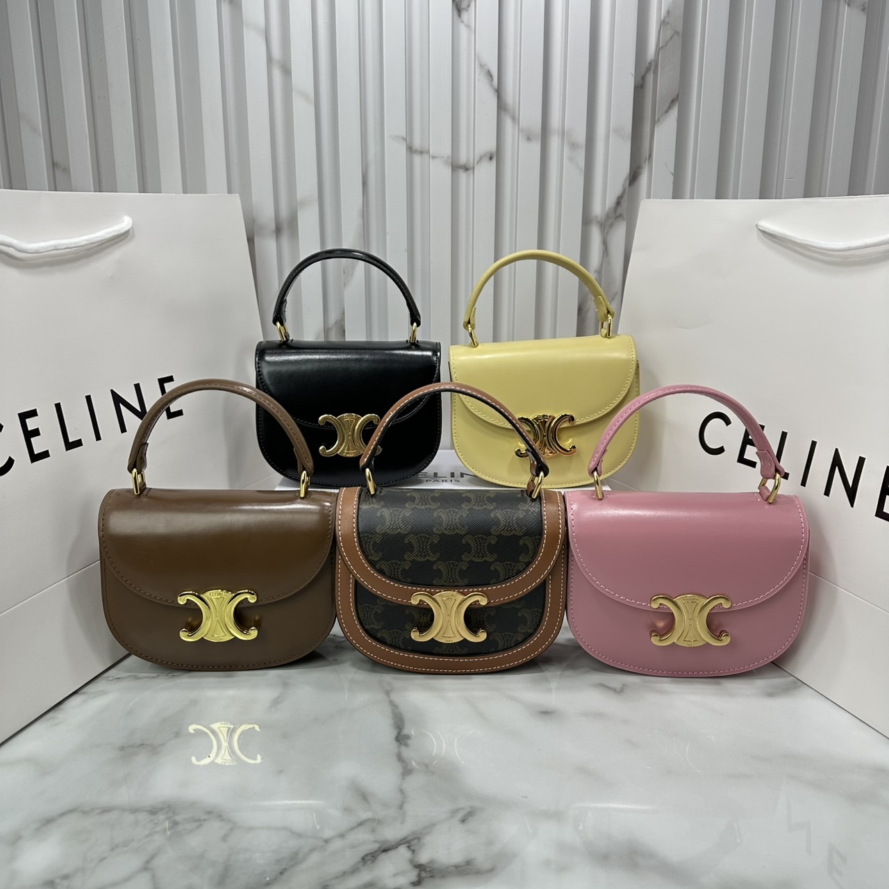 ORI หนังแท้ | CELINE MINI BESACE CLEA IN SHINY and leather กระเป๋าสะพายพร้อมหูจับ ไซส์มินิ แต่งโลโก้สีทองหรูหรา สวยโดดเด่น สามารถถือ สะพายไหล่ และสะพายข้างได้