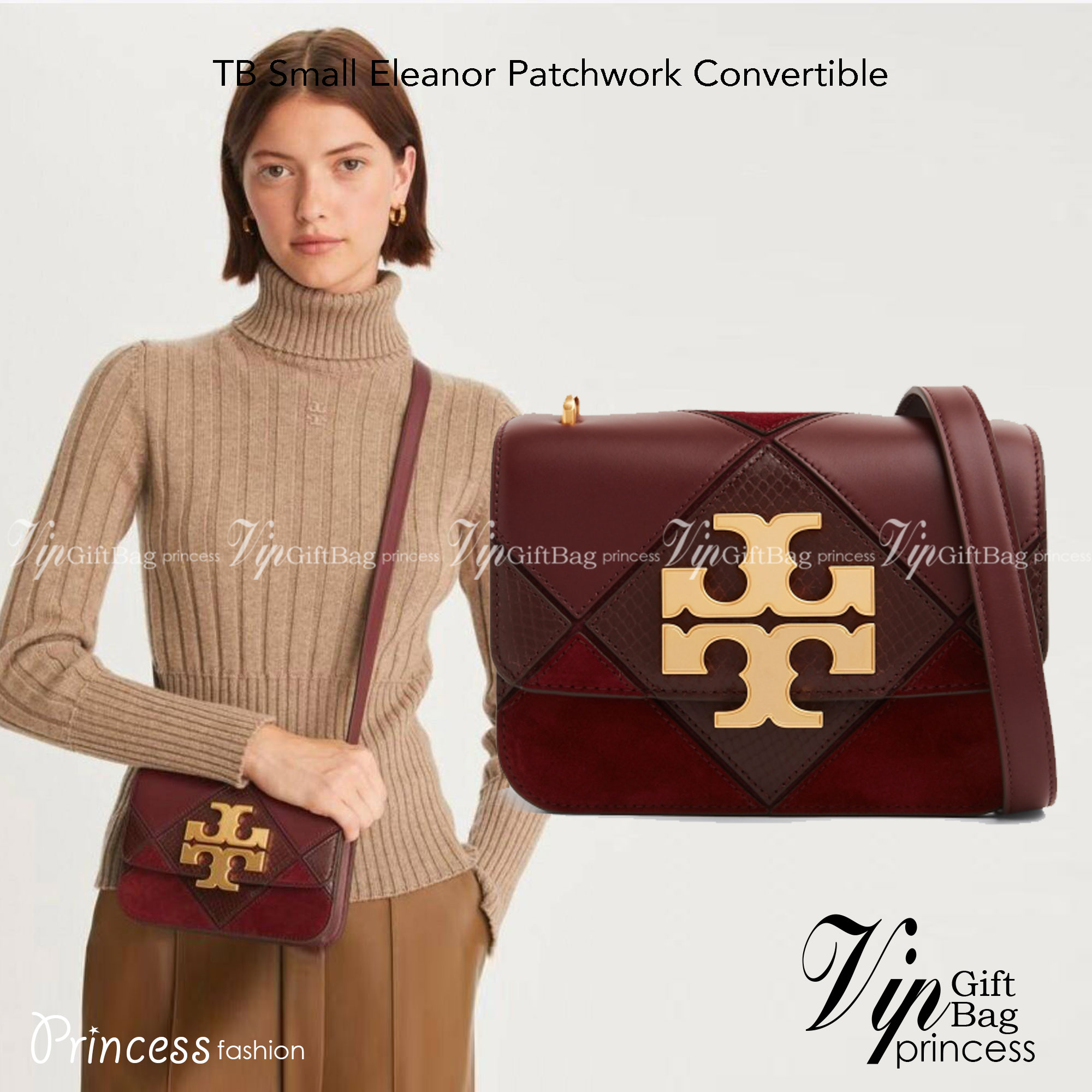 Tory Burch Small Eleanor Patchwork Convertible Shoulder Bag กระเป๋าทรงกล่อง ใบเล็กตัดเย็บจากหนังลูกวัว หนังกลับ และหนังงูนูน พร้อมขอบทาสีด้วยมือ อัญมณีแห่งหัตถศิลป์ ออกแบบมาให้พกพาสะดวก อะไหล่ทองเหลือง