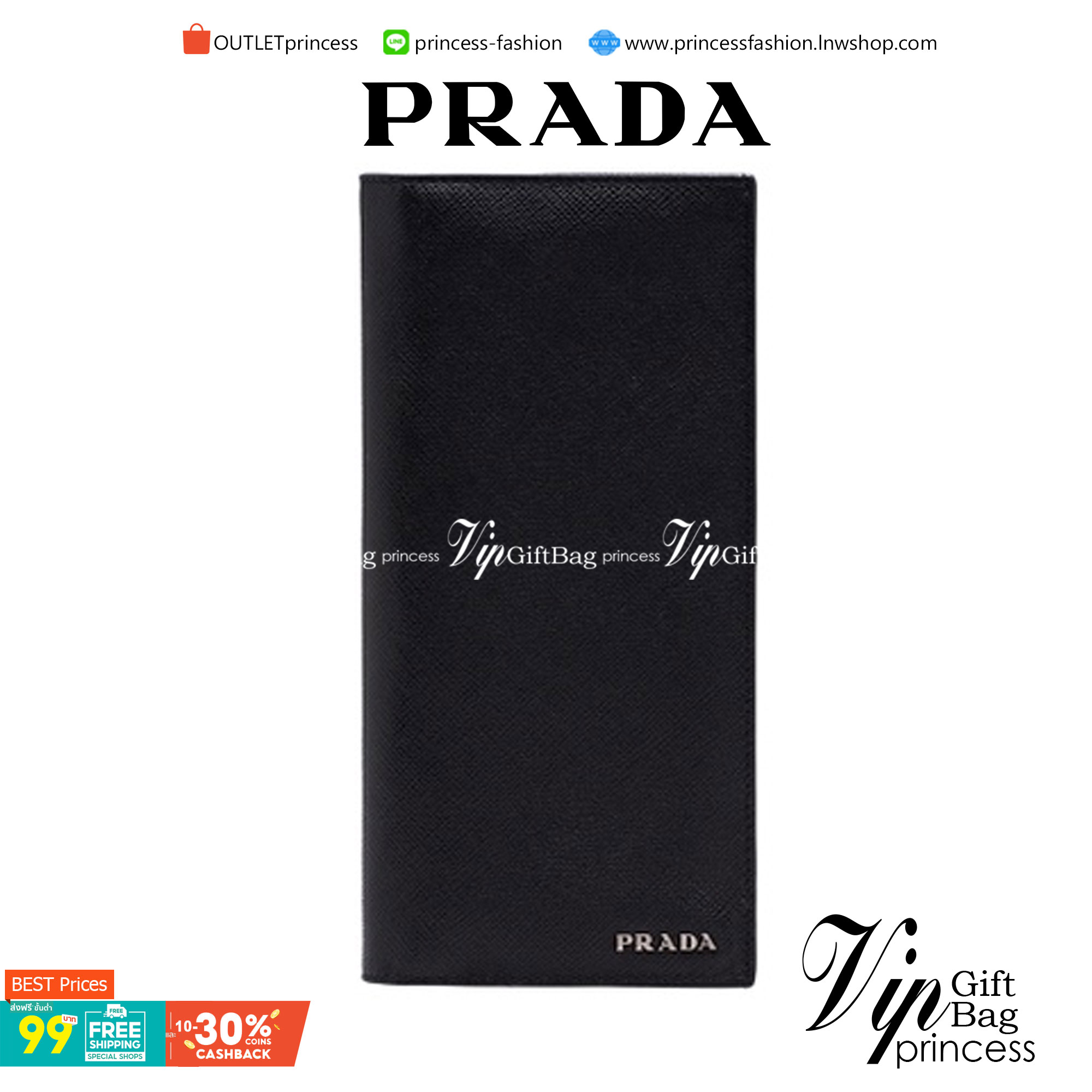 VIP หนังแท้ 】PRADA Men Saffiano Zipper Leather Billfold Long Wallet - Black