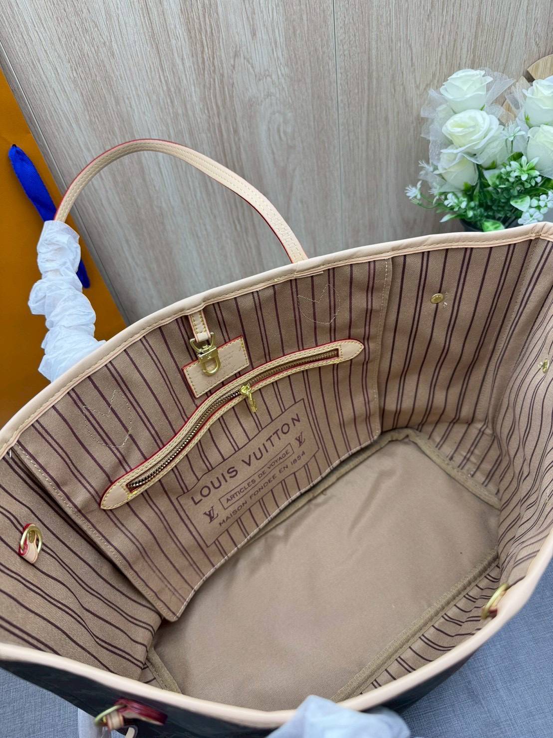 ORI หนังแท้ | LV Neverfull MM Mon Monogram Meridian / LV Tote Bag กระเป๋าสะพายทรงโท้ทใบใหญ่ ลายทางคาดหน้าสไตน์ท่องเที่ยว