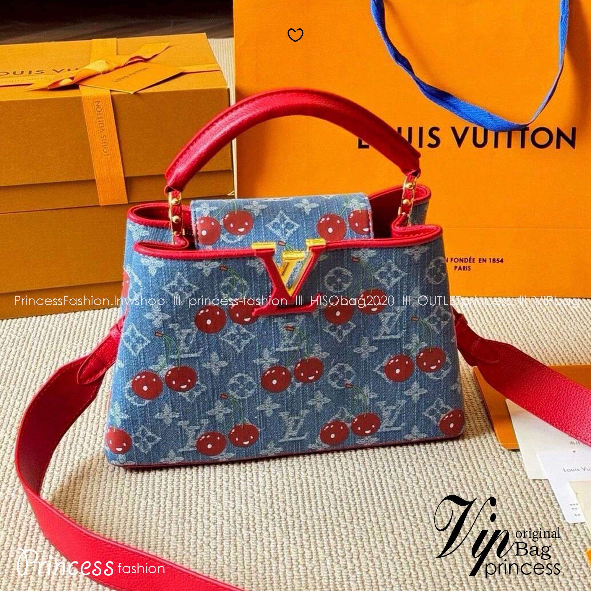 LV Capucines Monogram cherry denim กระเป๋าถือสุดหรูรูปทรงสวยคลาสสิกมาพร้อมหูจับในตัว สวยคมสะกดทุกสายตา ที่สุดของความสวยในราคาเบาๆ โดดเด่นมีชีวิตชีวา ด้วยเดนิมวินเทจปักลายเชอร์รี่สีสันสดใสสะดุดตาสะท้อนสไตล์ไอคอนิก