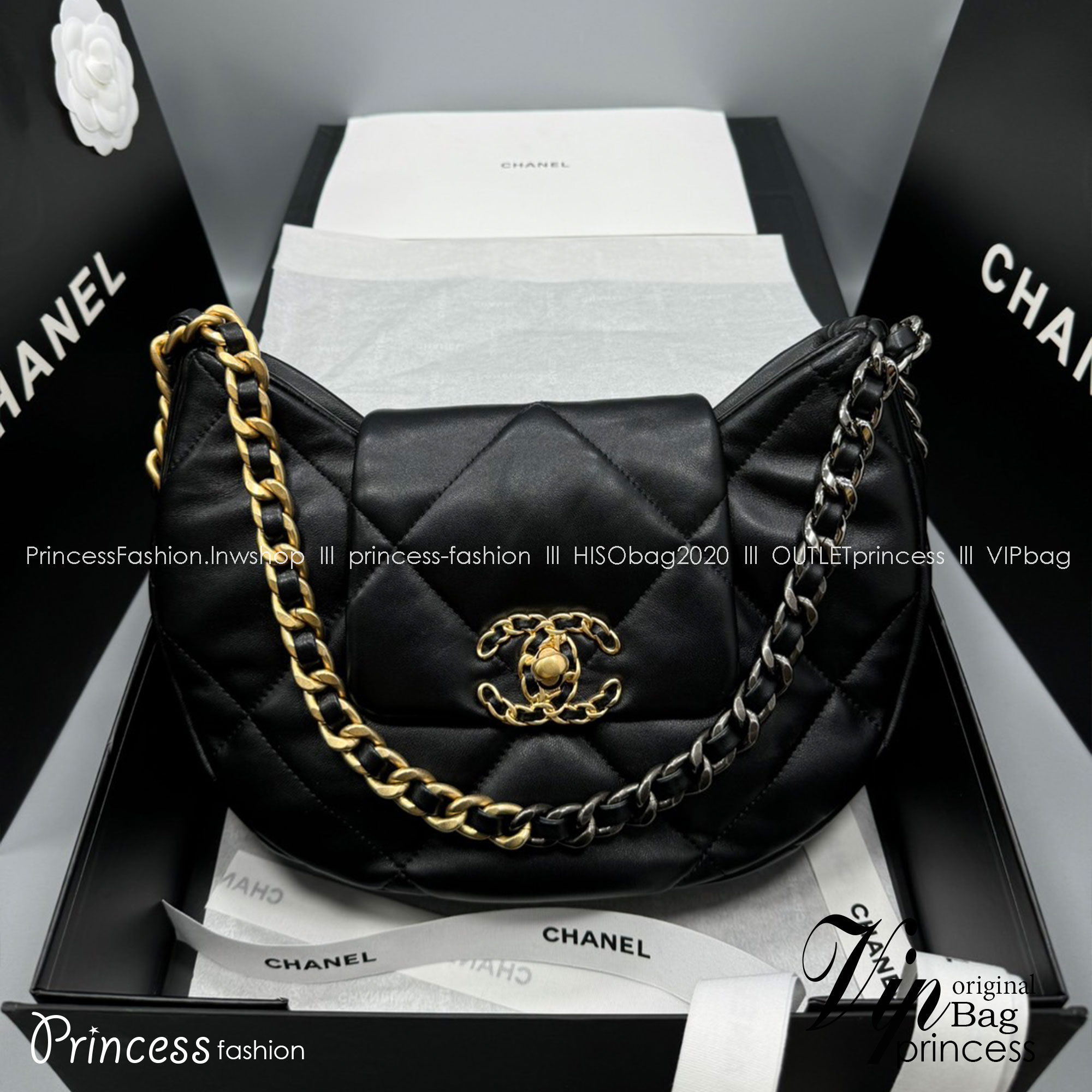 CHANEL 19 Hobo Bag Black Mixed Metal Hardware กระเป๋าสะพายหนังแท้ เกรดออริ ท็อป สลับแท้ 1:1 ผ่านทุก ตม ใช้งานต่างประเทศได้