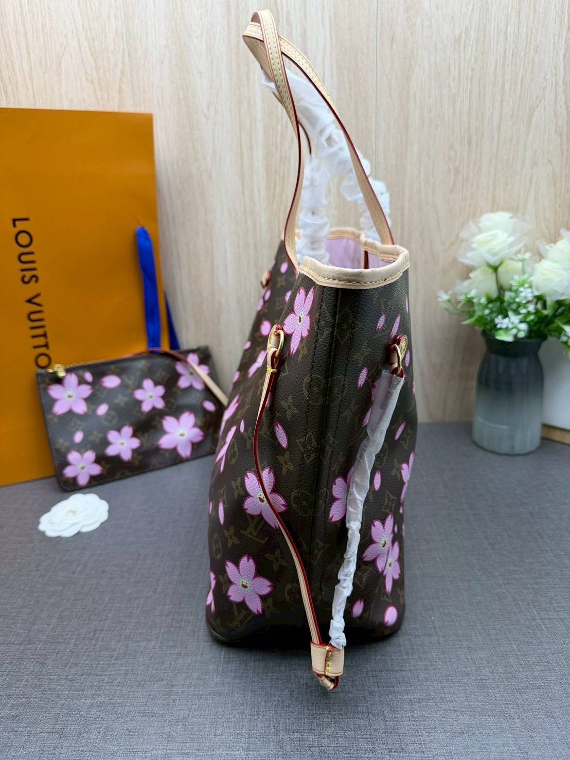 ORI หนังแท้ | LV x TM Neverfull MM Bag Monogram Sakura Brown / LV Tote Bag กระเป๋าสะพายทรงโท้ทใบใหญ่ ลายดอกไม้ซากุระแสนหวาน