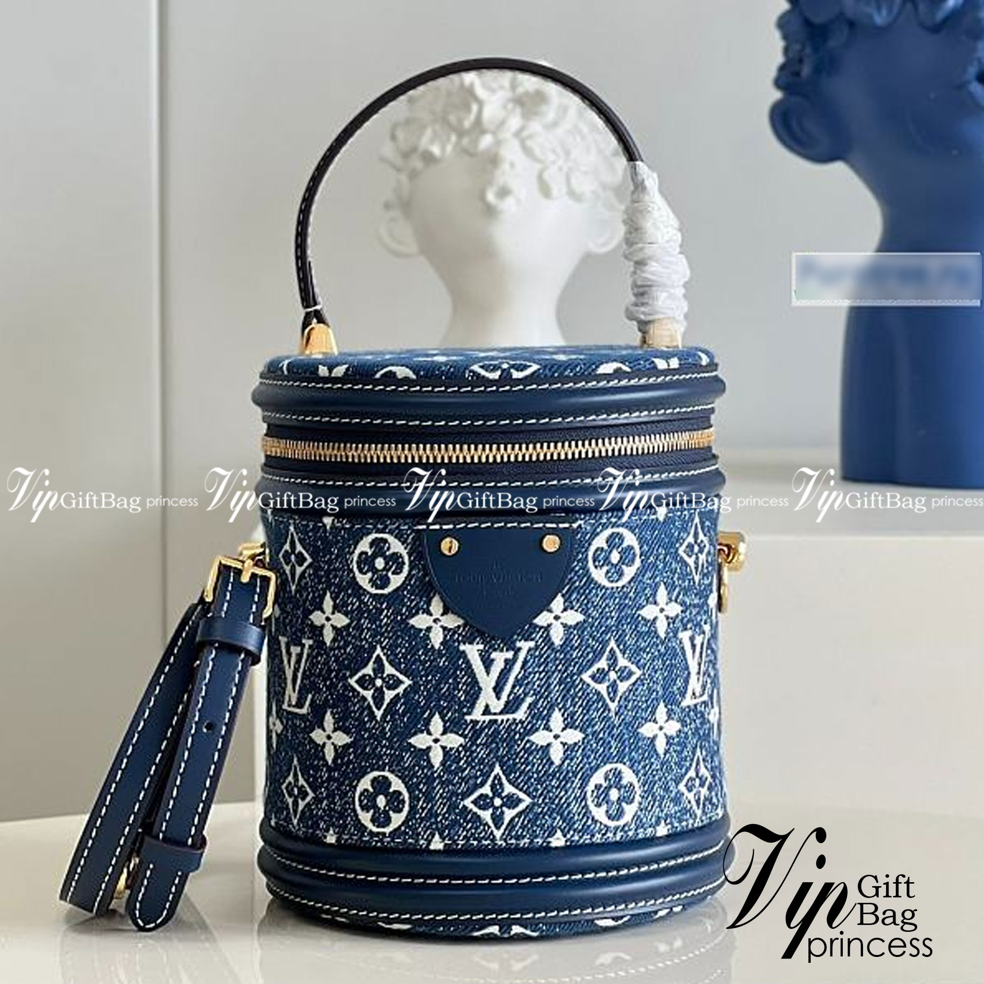 LV Cannes Navy Blue Denim Jacquard / LV Bucket Bag เกรดใช้งานสลับใบจริงได้ เทพออริจินอล เนื้องานสวยงาม หนังแท้ ภาพสินค้าถ่ายจากงานขายจริงใช้งานต่างประเทศได้