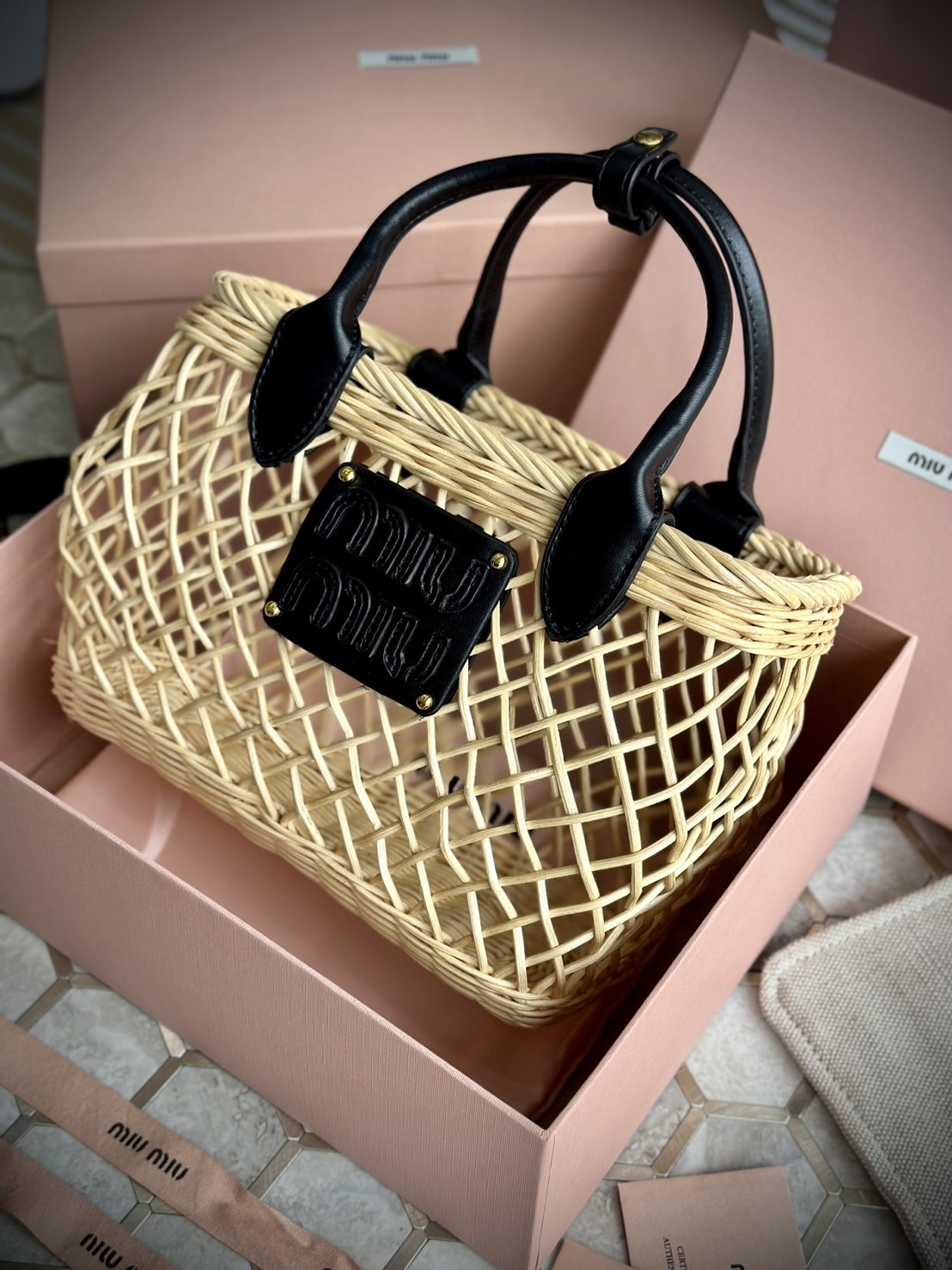 Miu Miu Woven fabric handbag with leather trim กระเป๋าสานดีไซส์ย้อนยุค