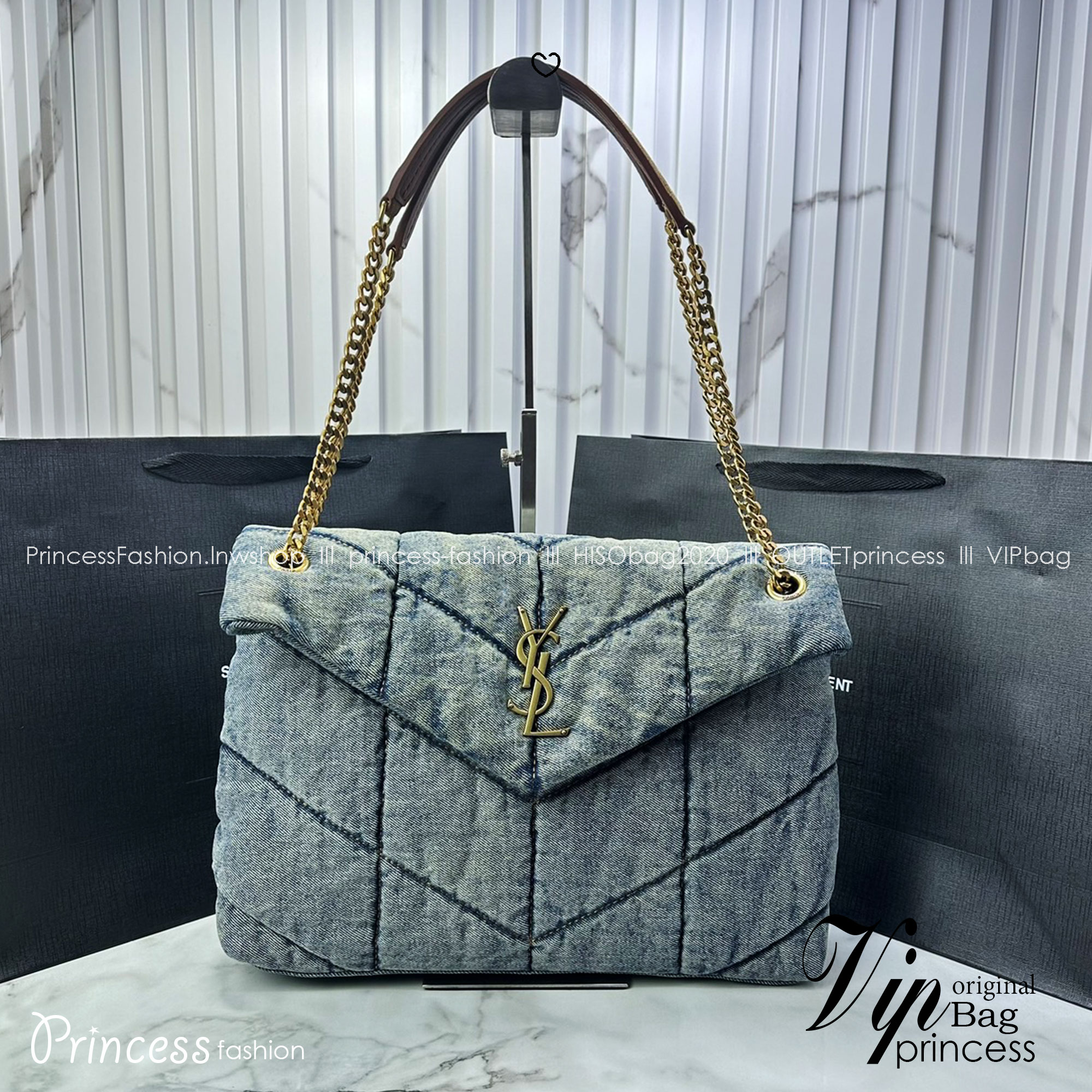 YSL PUFFER MEDIUM in suede and denim / YSL Loulou Denim Shoulder bag กระเป๋าสะพายเดนิมเย็บลายเชฟรอนควิลท์