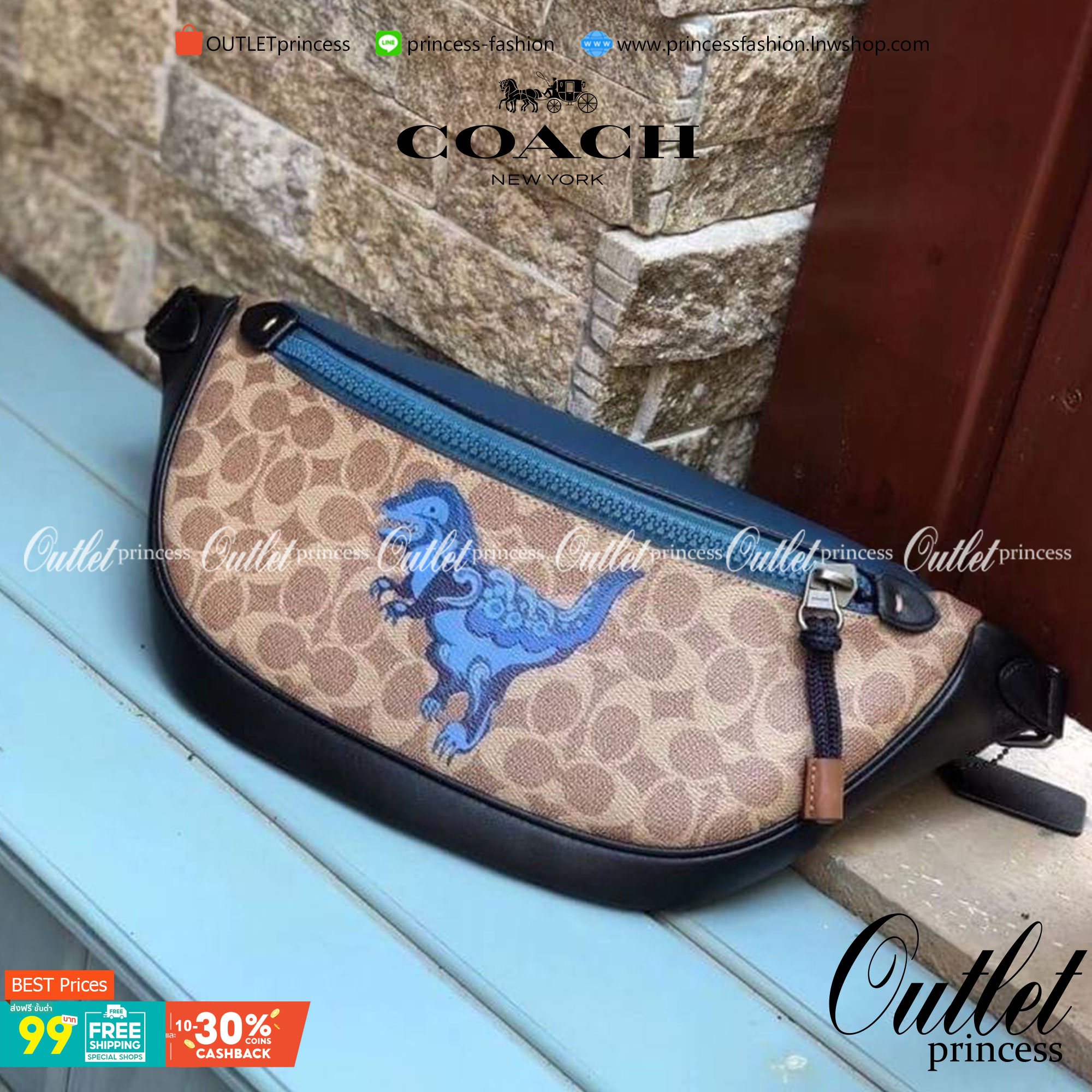 OUTTLET 】COACH RIVINGTON BELT BAG IN SIGNATURE CANVAS WITH REXY BY ZHU JINGYI