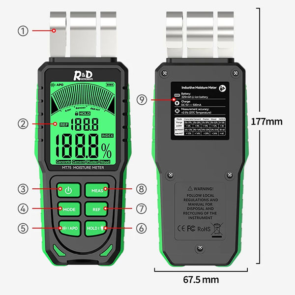 เครื่องวัดความชื้นคอนกรีต พื้นคอนกรีต ผนังปูนฉาบ อิฐมวลเบา ไม้แผ่น แบบคลื่นแม่เหล็ก รุ่น MT75 สแกนลึกสุดได้ถึง 40 มม.