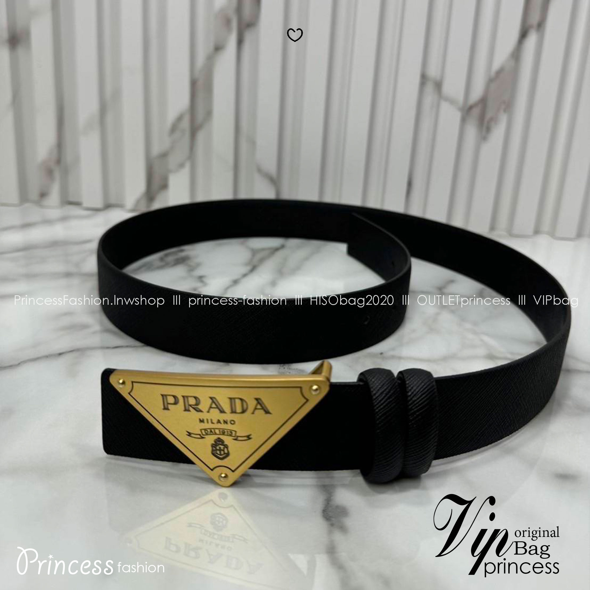 TOP ORI | หนังแท้ PRADA Triangle saffiano leather belt in black เข็มขัดหนังแท้ เกรดเทพดีสุด หนังลายเท็กเจอร์คล้ายของจริง อะไหล่ทองสวยหรู งานเทียบแท้