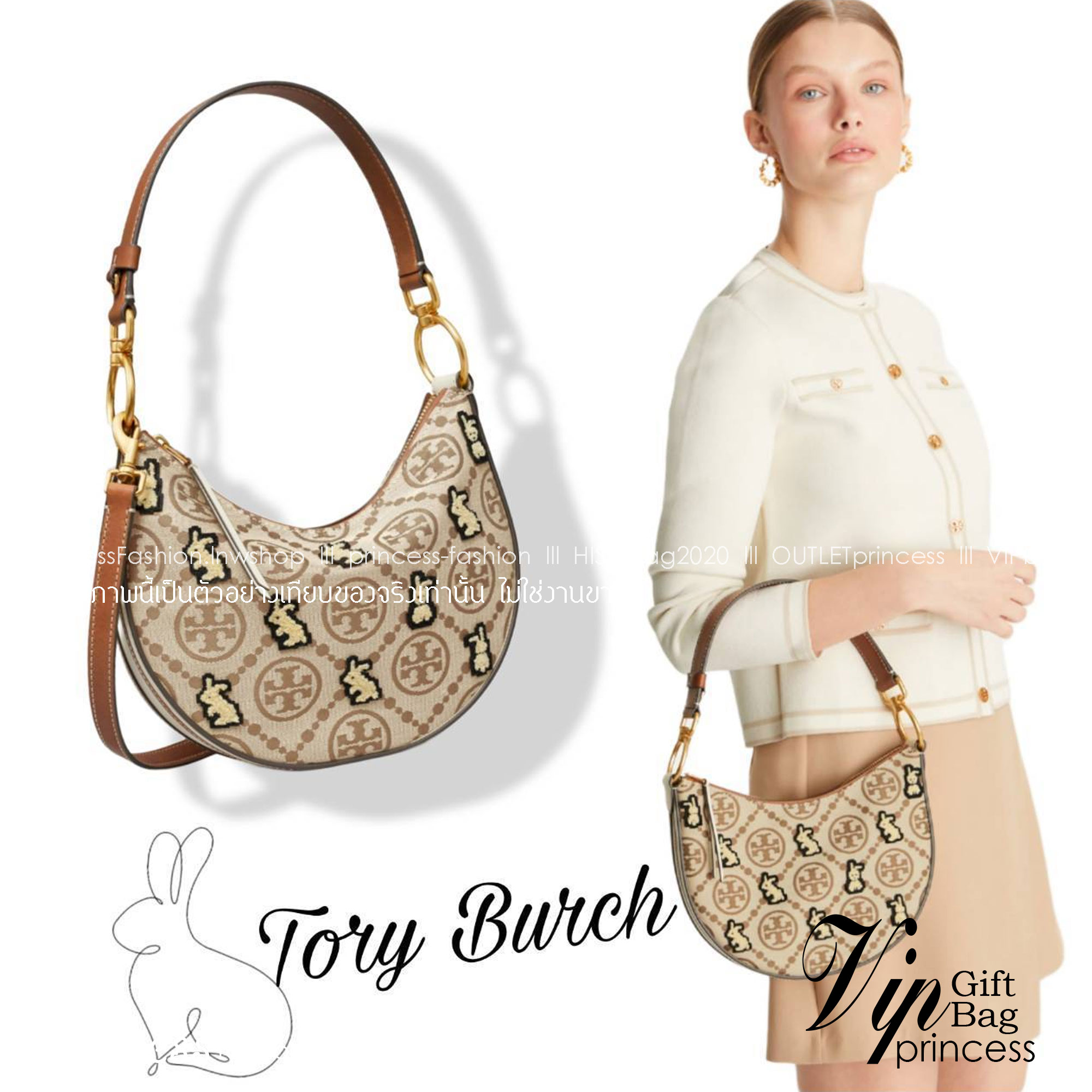 TORY BURCH Mini T Monogram Embroidered Rabbit Crescent Bag 🐇 คอลเลคชั่นกระต่ายสุดร้อนแรงแห่งปี 🥕🥕 คอลเลคชั่นทีบ่งบอกสไตล์ที่ทันสมัยทรงครึ่งวงปักลายกระต่ายบนกระเป๋าสุดน่ารัก โด่ดเด่น