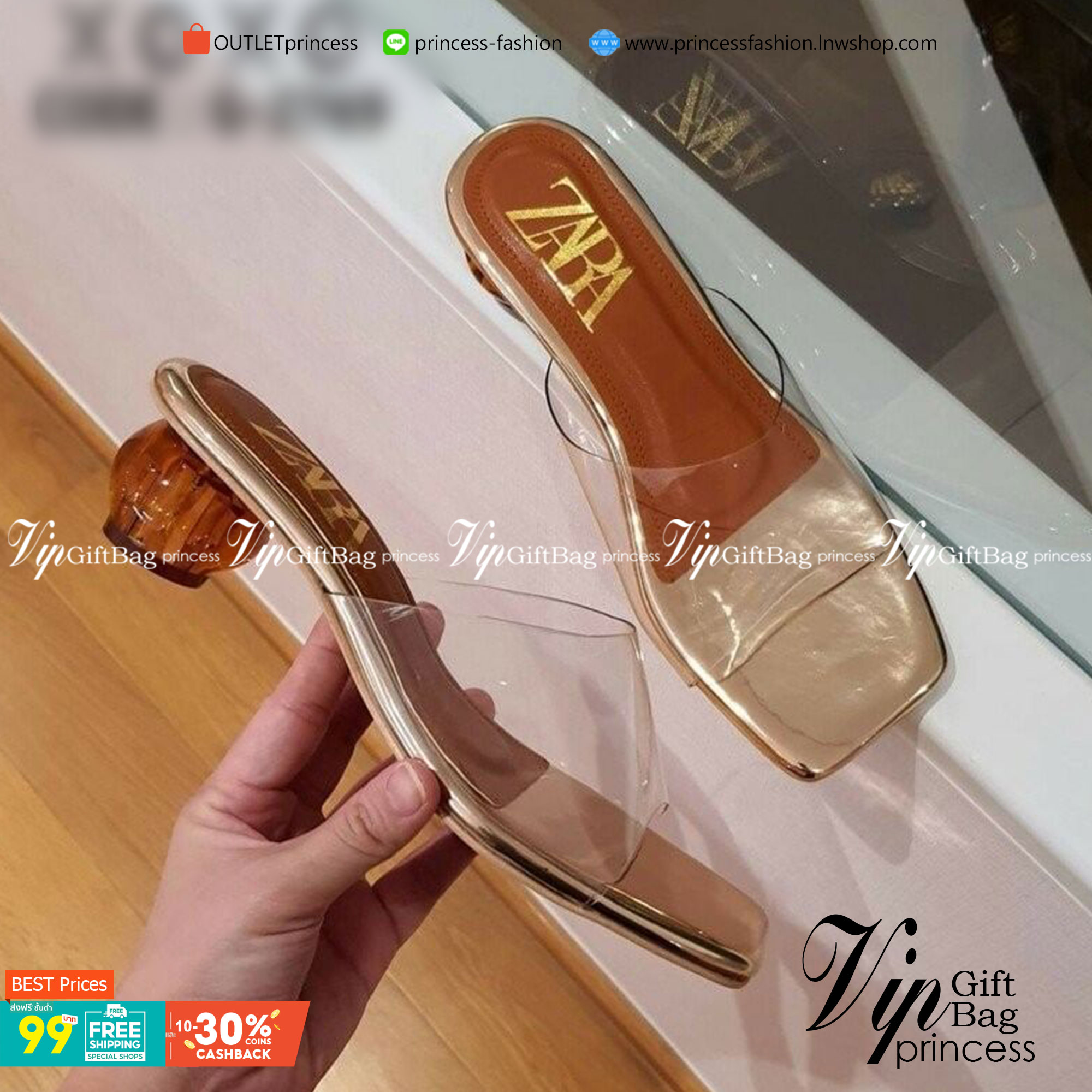 ZARA รองเท้า คัชชูงานสวม คาดพลาสติกใสอย่างดีเนื้อนุ่ม พื้นวัสดุหนัง PU ส้นแก้วสีใส งารจริงสวยมากคะ แมทส์ชุดง่าย น้ำหนักเบา