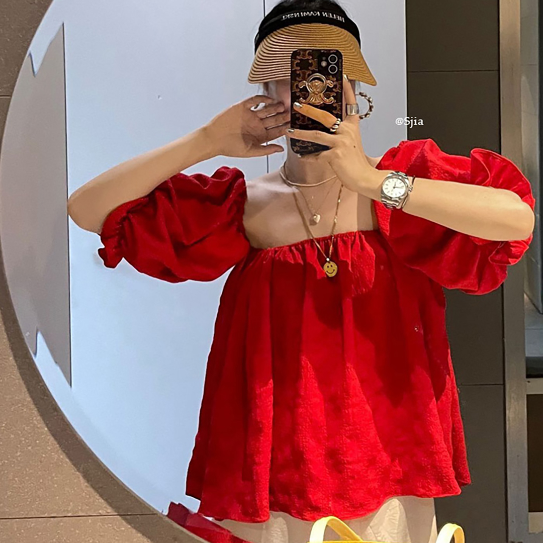 พร้อมส่ง 🌟🍞 Shoe flower top เสื้อสีแดงแต่งแขนฟู (IN37513)