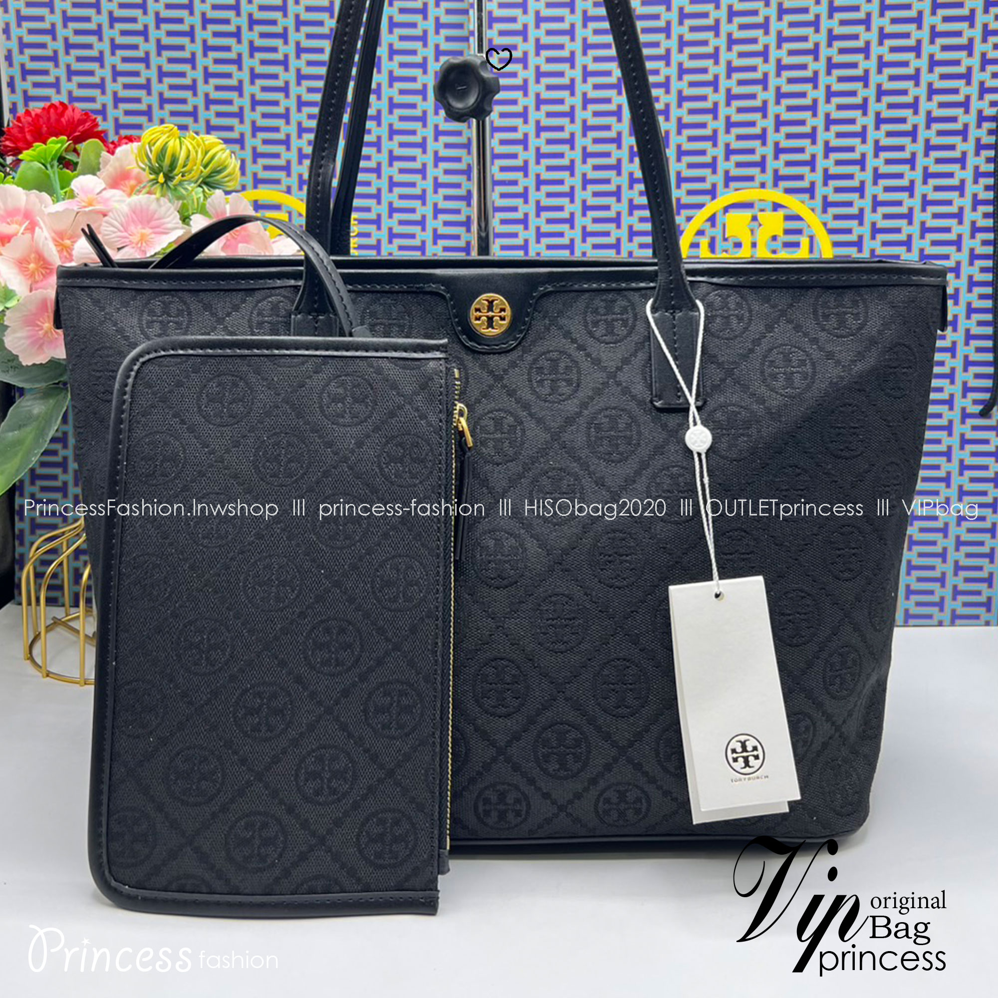 ORI หนังแท้ | Tory Burch T Monogram zip tote bag กระเป๋าทรงโท้ทใบใหญ่ทรงกว้างพร้อมใบเล็กเข้าเซ็ท งานผ้าแจ็คการ์ดตัดขอบหนัง เดอะเบสท์ เซลเลอร์!!