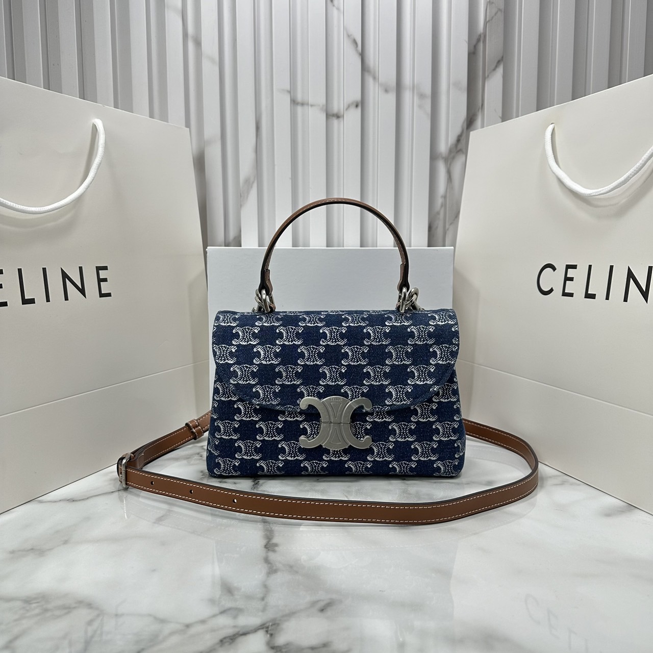 CELINE HANDBAG CLAUDE in DENIM WITH TRIOMPHE ALL-OVER กระเป๋าถือพร้อมสายสะพายงานเดนิม เกรดออริ 1:1 ใช้งานต่างประเทศได้
