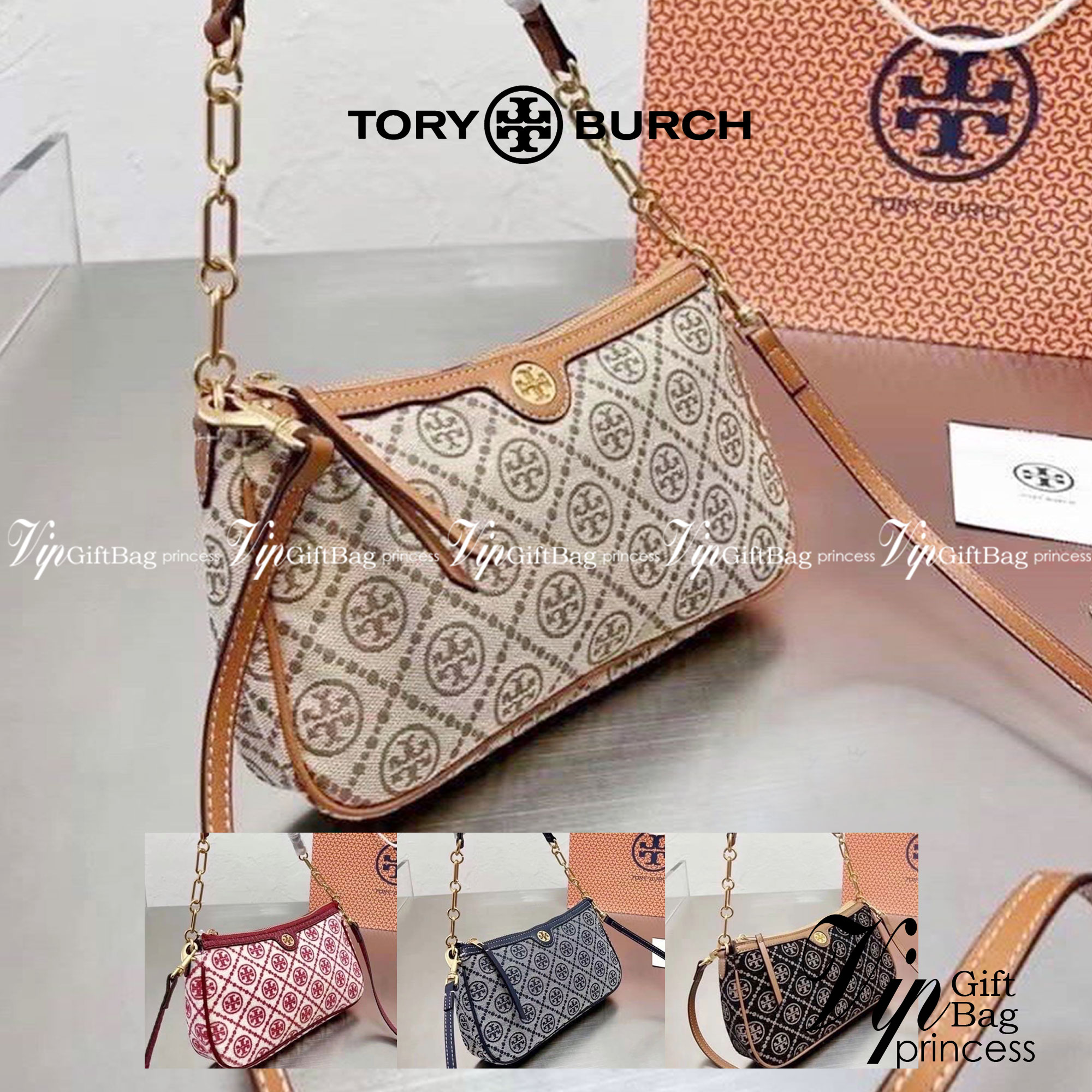 TORY BURCH T MONOGRAM JACQUARD SHOULDER BAG กระเป๋าสะพายข้าง Tory 😍😍 ใบเล็กซิปบน ลายT โมโนแกรม อะไหล่ทองมาใหม่ มาพร้อมสายสะพายยาว2 สาย งานจริงสวยทุกมุมงานปั้มแบรนด์ทุกจุด