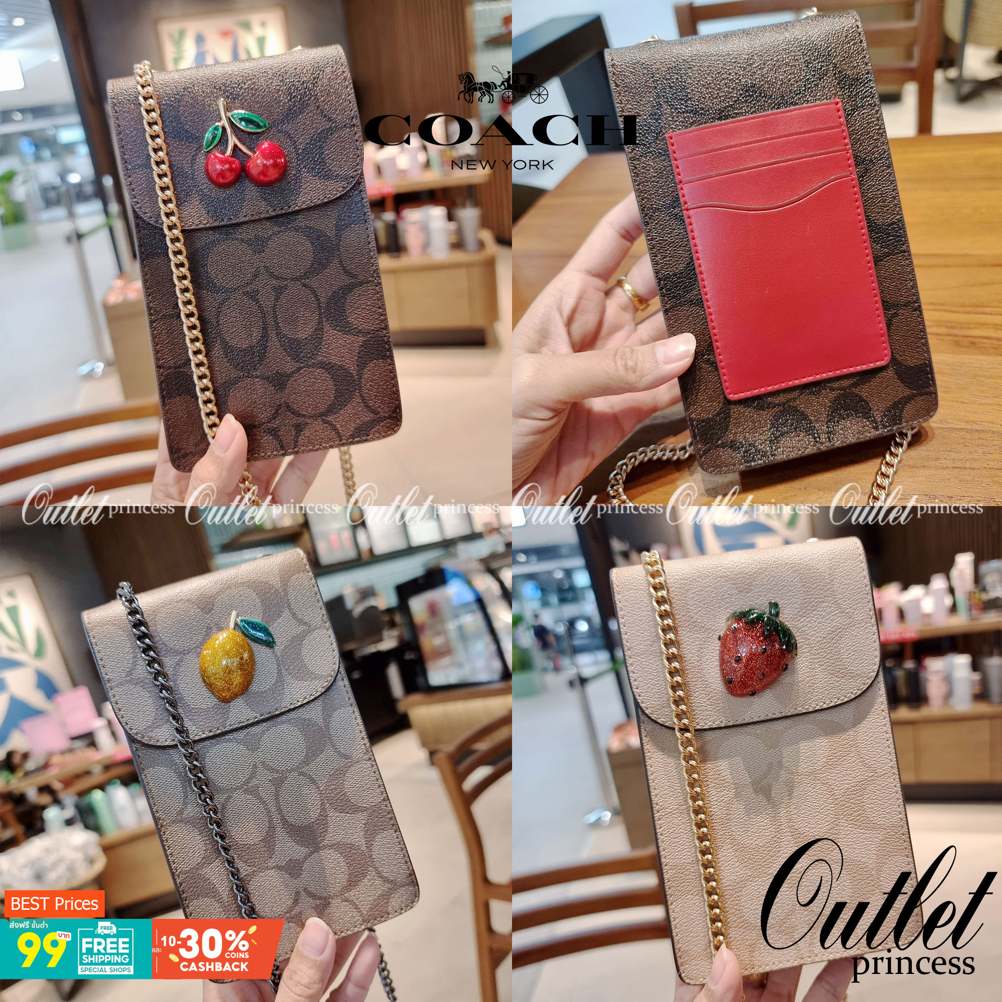COACH F73486 NORTH/SOUTH PHONE CROSSBODY IN SIGNATURE CANVAS WITH FRUIT 🍒🍓🍋 แจกความสดใสกันอีกครั้ง!! กับกระเป๋าสะพายเอนกประสงค์ Case phone ใส่โทรศัพท์มือถือได้ทุกรุ่น ดีไซน์ลายผลไม้ฉ่ำๆ สวยมีเสน่ห์ 💖 วัสดุหนังแคนวาสคุณภาพ ฝ