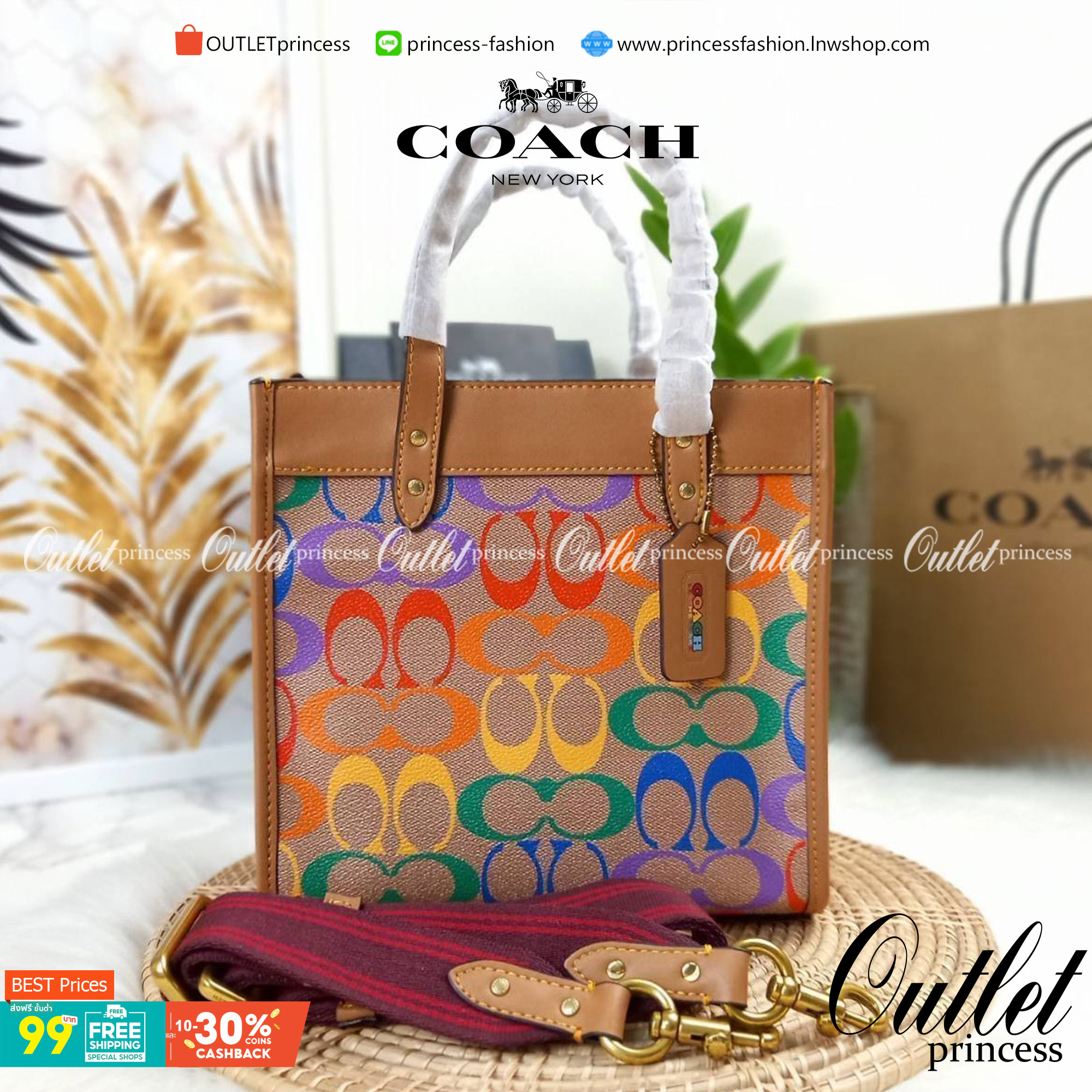 OUTLET 】COACH FIELD TOTE 22 IN RAINBOW SIGNATURE CANVAS(COACH C5142) ความสดใส พร้อมแจ้งเกิด สวยทุกฤดูกาลมากจริงๆ🌺 คอลเลคชั่น ที่ไม่ต้องพูดเยอะ//กระเป๋าทรงTOTE // ว้สดุหนังแคนวาส เก็บดีเทลด้วยหนังแท้ สวยเนียบ ด้วยลาย C signature สีรุ้ง🌈 มีส