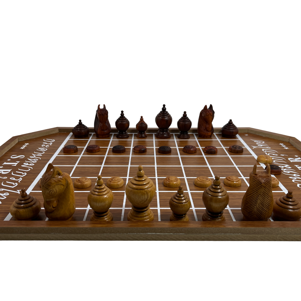 ชุดหมากรุกตัวไม้ชุดคาณฑีวะพร้อมกระดานไม้อัดพาติเคิล