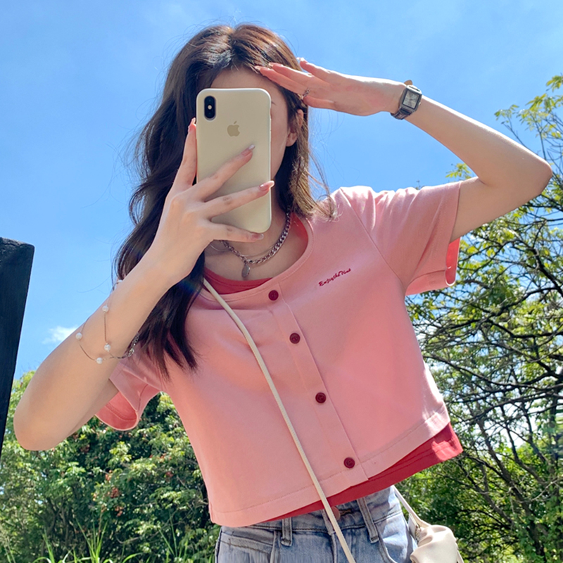 พร้อมส่ง 🪔⛵️ Naha tops เสื้อยืดแขนสั้นสีชมพูแต่งทูโทนผ้าคอตตอนเนื้อนิ่ม (IN36805)