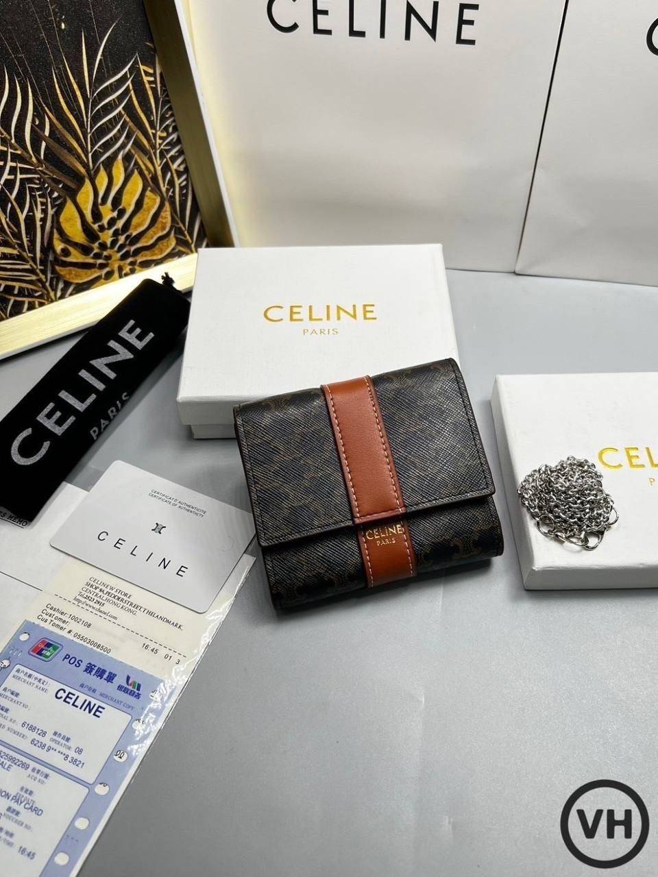 ORI หนังแท้ | CELINE SMALL TRIFOLD WALLET ON CHAIN / CELINE Wallet กระเป๋าสตางค์ใบสั้น 3 พับ พร้อมสายสะพายโซ่ กระเป๋าสตางค์ซีลีน