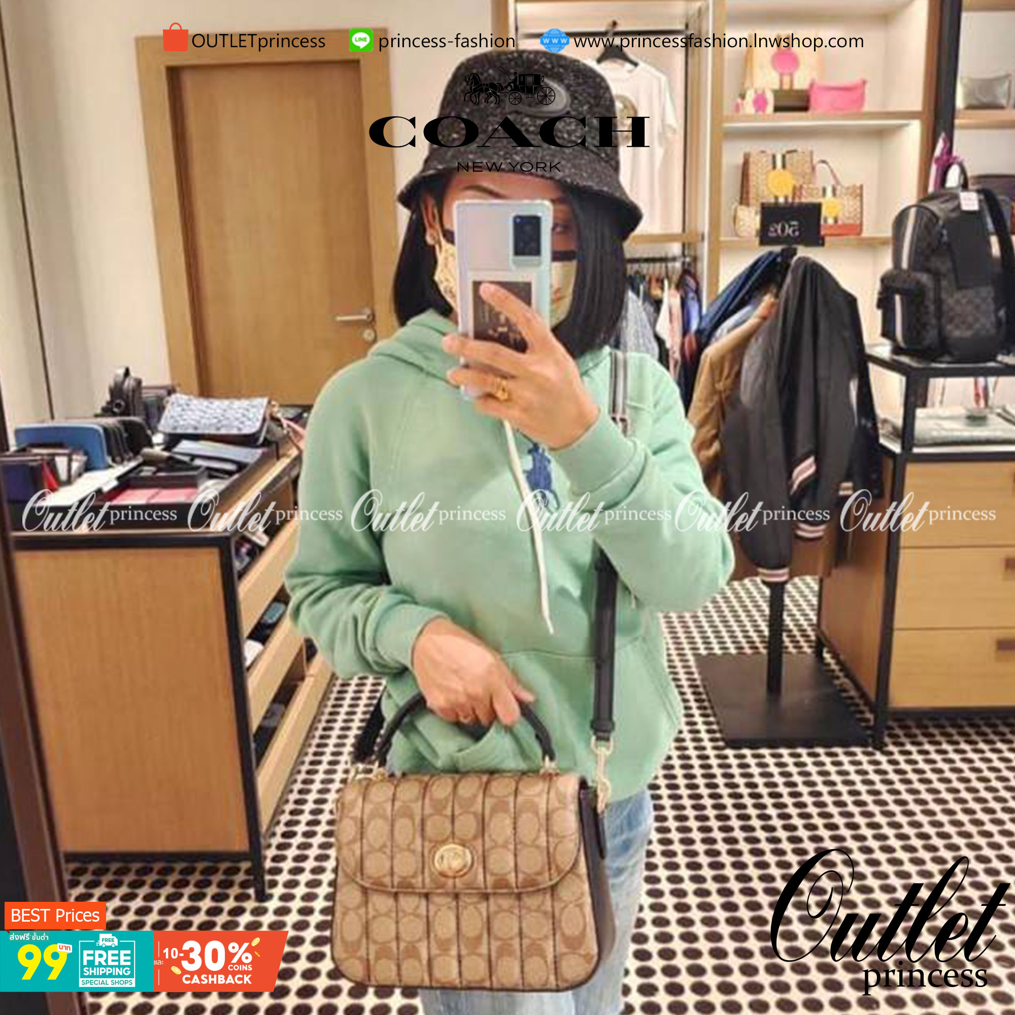 OUTLET 】COACH C5645 MARLIE TOP HANDLE SATCHEL IN SIGNATURE CANVAS WITH QUILTING ดีไซน์ใหม่ กระเป๋าถือ/สะพายข้าง ออกแบบมาไม่เหมือนใคร โดดเด่นด้วยการเย็บบุหนัง โชว์ดีเทลลายเส้น ตกแต่งโลโก้ด้านข้างอะไหล่ทอง วัสดุหนังแคนวาสสลับหนังแท้ เปิด-ปิดด้วยตัวล็อคแน่นห