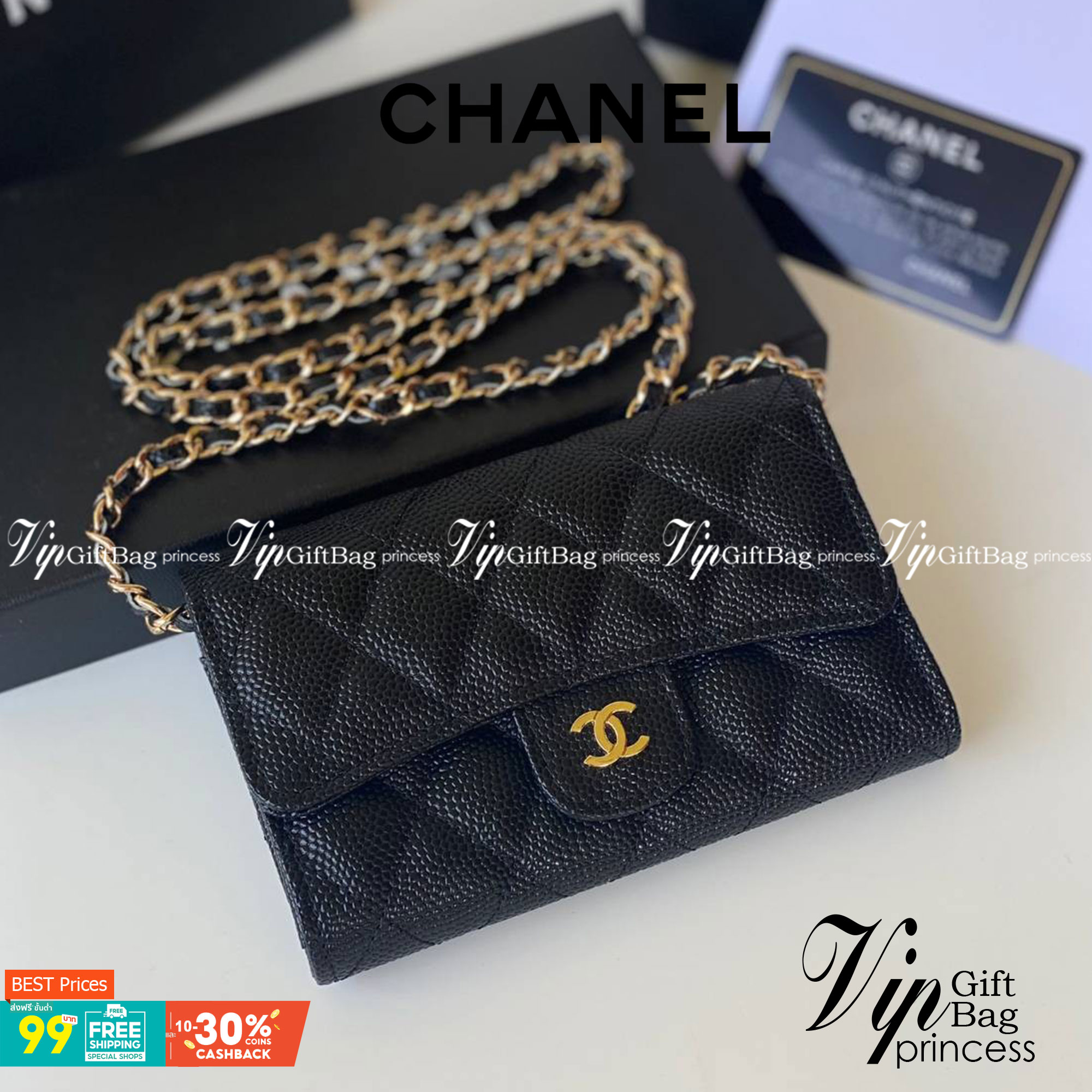 หนังแท้ CHANEL WALLET WITCH CHAIN รุ่นยอดนิยมไอเท็มฮิตวัสดุหนังคาเวียร์สวยคลาสสิคเปิดปิดด้วยฝาปิดกระดุมด้านหน้ามีโลโก้แบรนด์อะไหล่ทองสวยหรูดูดีมาพร้อมสายโซ่อะไหล่เงินและทอง ร้อยหนังจะสะพายไหล่ หรือ Crossbody ภาพถ่ายจากงานขายจริงสวยน่าใช้ Chanel mini นาทีน
