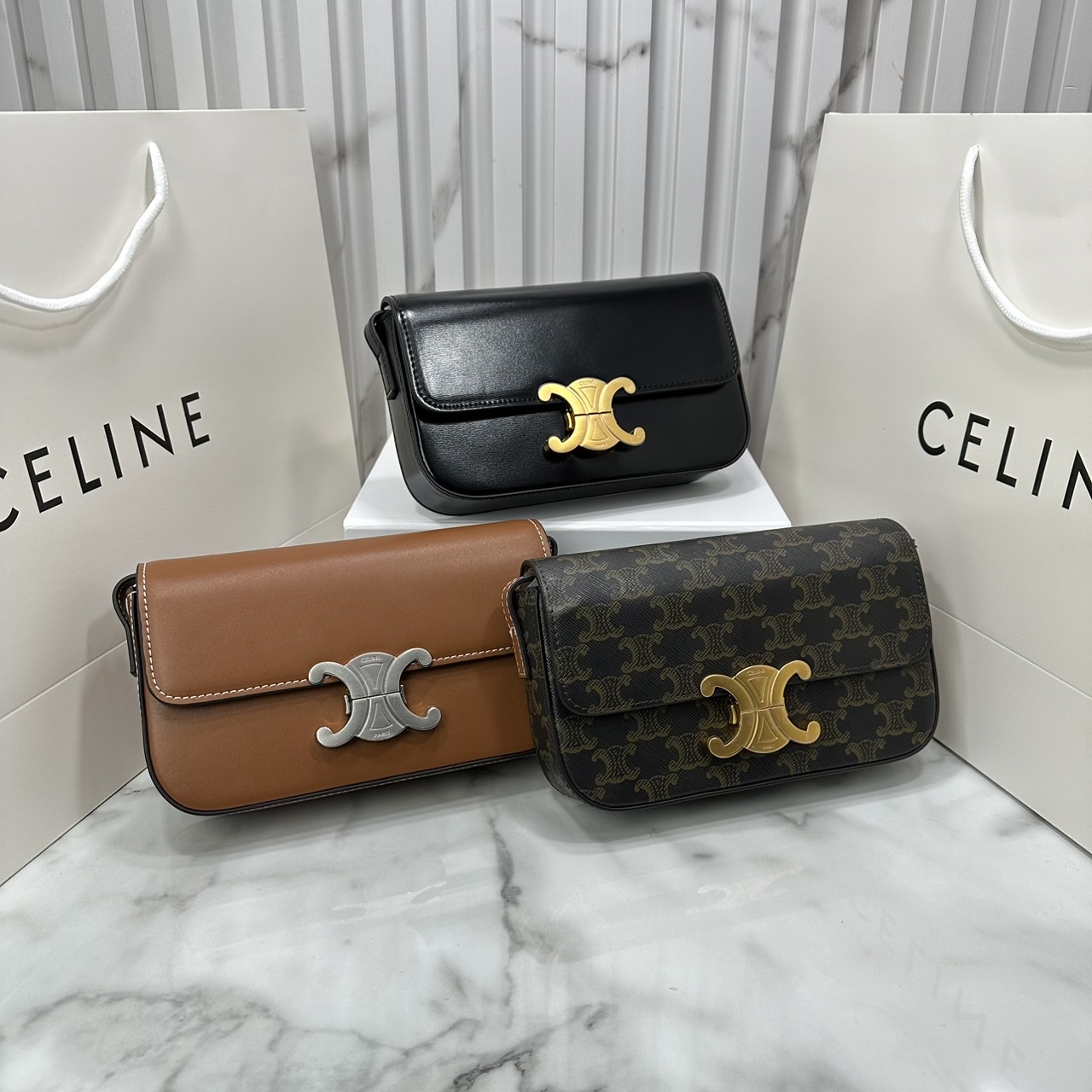 CELINE TRIOMPHE SHOULDER BAG / Celine SHOULDER BAG CLAUDE in shiny กระเป๋าสะพายไหล่ พร้อมสายสะพาย 2 เส้น เกรดออริ 1:1 ใช้งานต่างประเทศได้