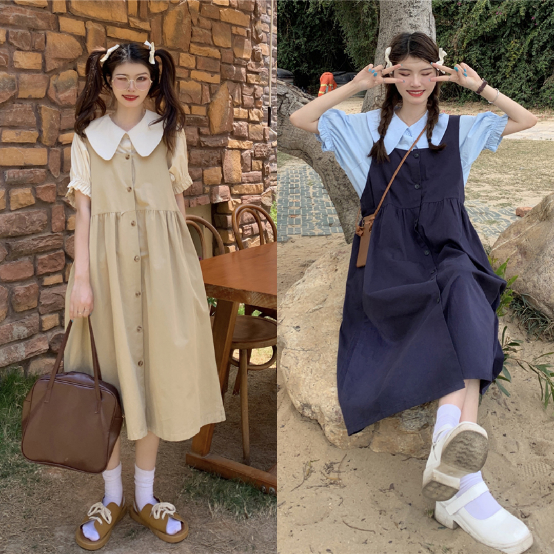 พร้อมส่ง 2 สี 🧺 Sway dress & tops เสื้อแขนสั้นคอปกทรงบัว เอี๊ยมตัวนอกกระโปรงทรงโอเวอร์ไซส์ (แยกชิ้น) (36333)
