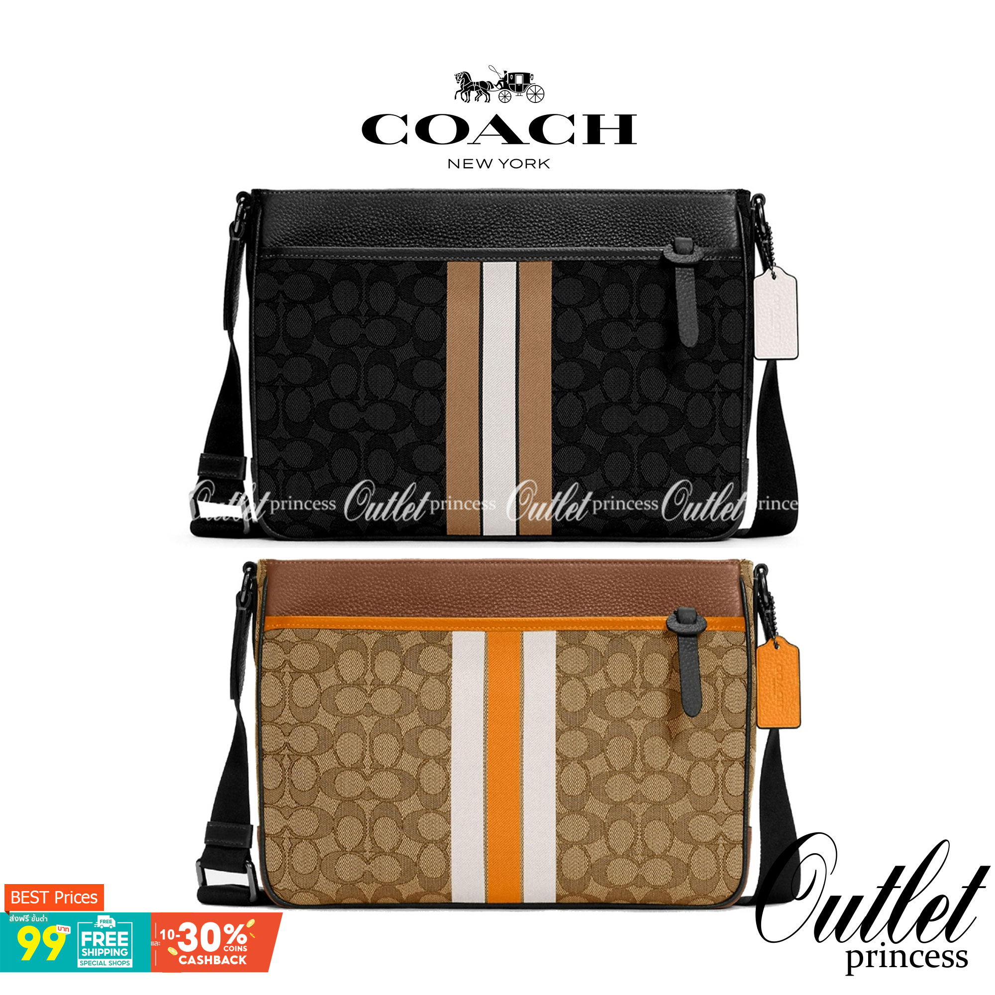 COACH THOMPSON IN SIGNATURE JACQUARD WITH VARSITY STRIPE BAG ((C5291)) พร้อมส่งที่ไทยค่ะ! กระเป๋าใส่เอกสารอเนกประสงค์ สามารถใส่A4ได้ วัสดุJacquardทอลายแบรนด์ ตัดขอบหนังแท้สวยงาม น้ำหนักบาค่ะ ด้านหน้าตัดแทบสีลงมาสวยงาม ช่องหลักเปิดปิดแบบซิป ภายในกว้างใส่สั
