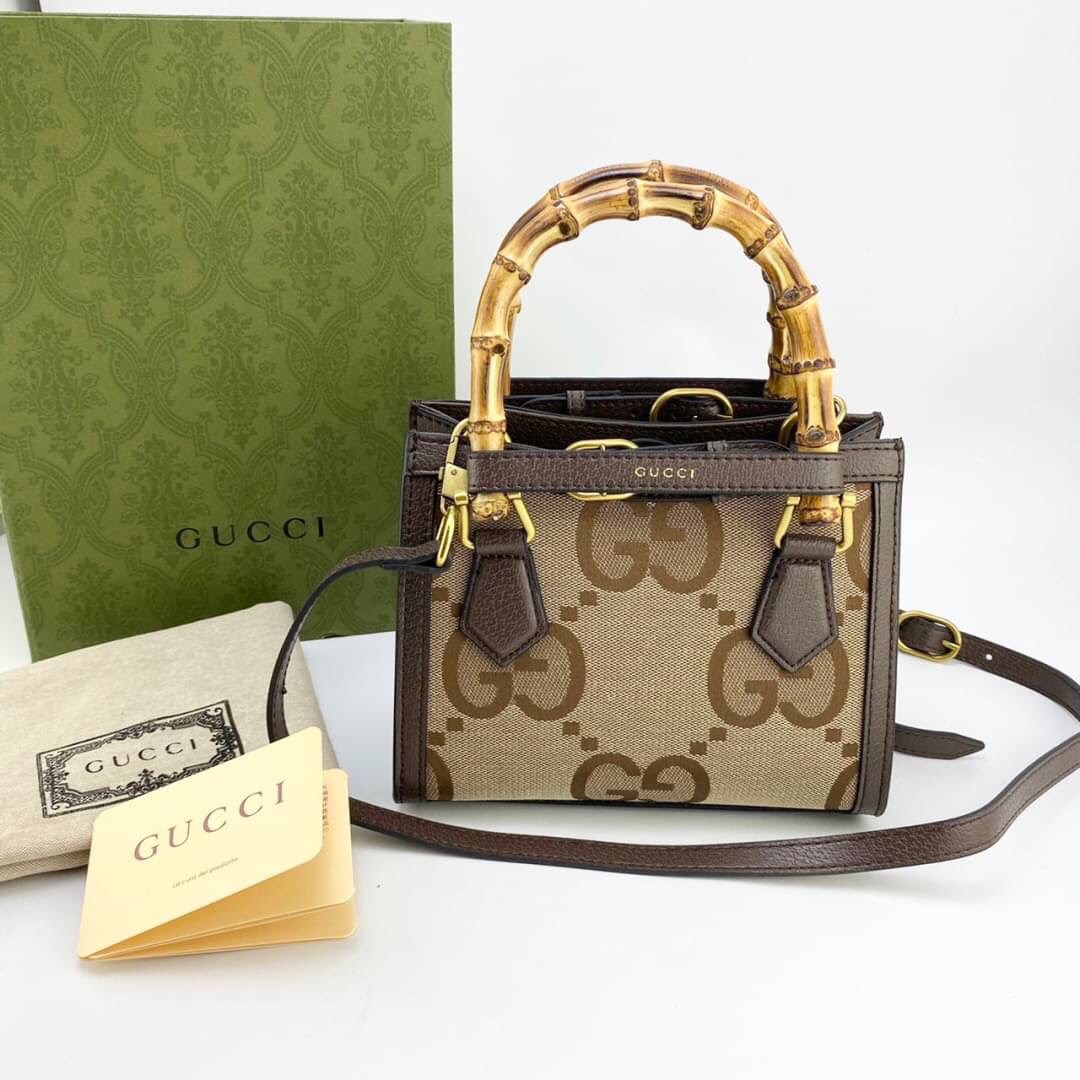 หนังแท้ Gucci Diana jumbo GG tote bag (mini/small) พร้อมส่งที่ไทย Brown Camel and ebony jumbo GG canvas ภาพถ่ายจากสินค้าจริง