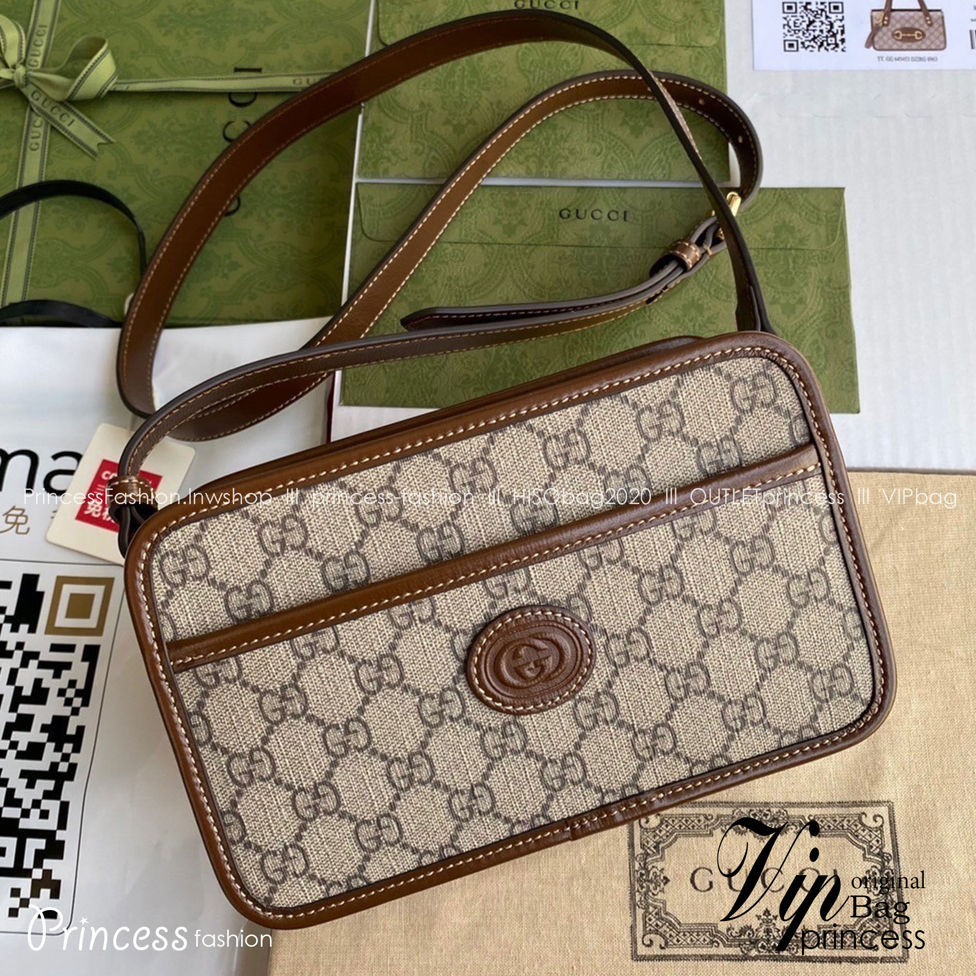 GUCCI Leather-Trimmed Monogrammed Coated-Canvas Messenger Bag กระเป๋าทรงแมสเซ็นเจอร์โมโนแกรม เกรดออริ ท็อป สลับแท้ 1:1 เกรดดีสุด ใช้งานต่างประเทศได้