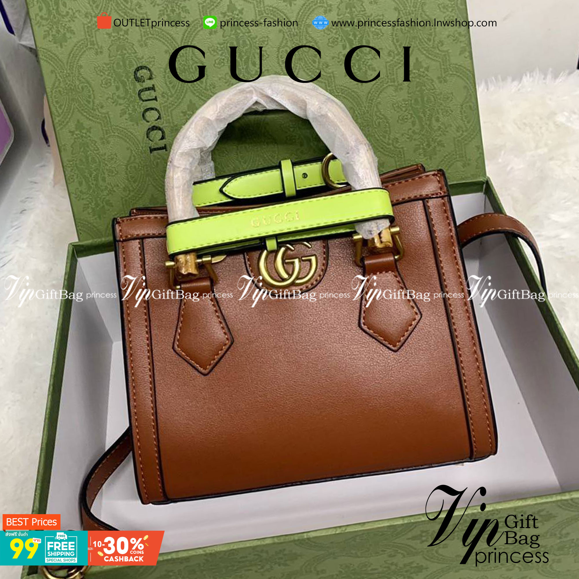 กระเป๋า GUCCI สไตล์งานหูไม้ไผ่ Size mimi รุ่น Gucci Diana Bag กระเป๋าสุดคลาสสิกดีไซน์มาใหม่พร้อมเข็ดขัดหนังสีสะท้อนแสงประดับตรงหูกระเป๋า กระเป๋าทรง tote วัสดุหนังแท้ (calfskin) อะไหล่ทอง ขนาดกำลังดี งานสวยตั้งอยู่ทรง มีสายสะพายยาว 1เส้น สามารถปรับระดับได้