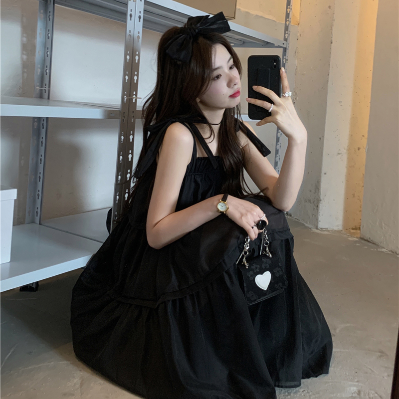 พร้อมส่ง 🩰🎀 Midnight dress เดรสสายเดี่ยวสีดำแต่งสายเป็นโบว์ (IN37654)