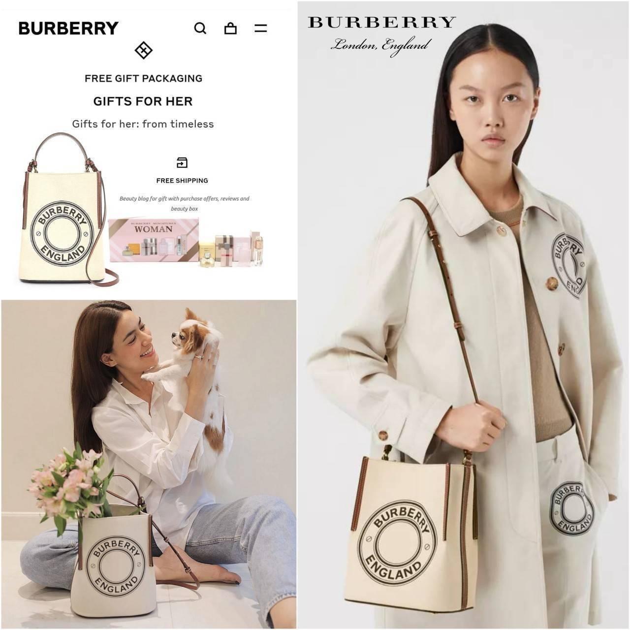 BURBERRY FRAGRANCES CROSSBODY BUCKET BAG วัสดุ Canvas & Leather สวยหรูอยู่ทรงมาพร้อมกระเป๋าคลัชใบเล็กสีน้ำตาลเข้าชุด ภายในโล่งกว้างและจุ สามารถใส่กล้อง มือถือ ของใช้ได้เยอะ มือจับ