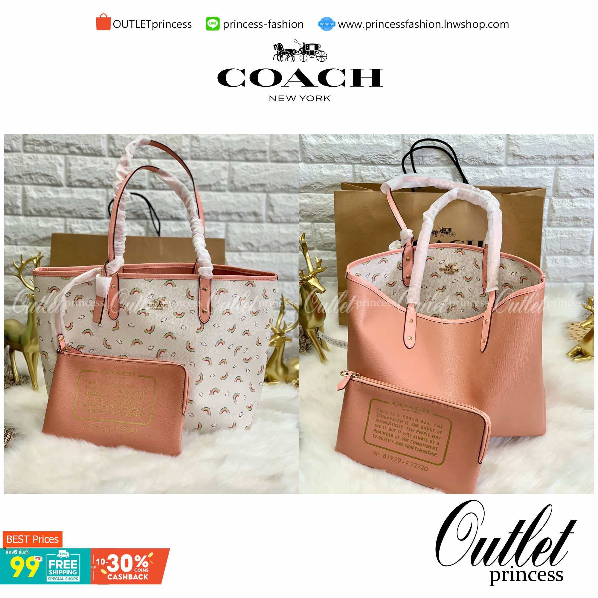 ลายหายากแล้วนะคะ🌈 COACH REVERSIBLE CITY TOTE RAINBOW PRINT ((F72720)) กลับมาอีกครั้ง! กระเป๋าทรงTote หนังแท้ กลับด้านได้ใช้ได้2ด้านค่ะ//ด้านนึงสีครีมลายรุ้ง//อีกด้านสีโอรส สวยงามค่ะ