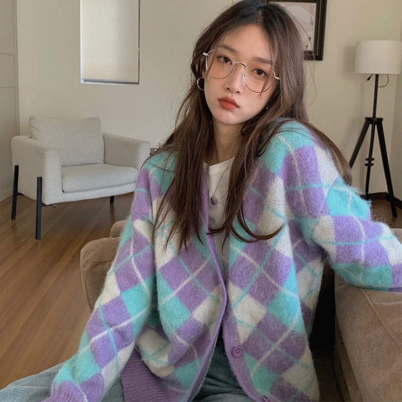 พร้อมส่ง 📒🚘 Veen sweater เสื้อไหมพรมแขนยาวทอลายสวยสีม่วง (IN35967)