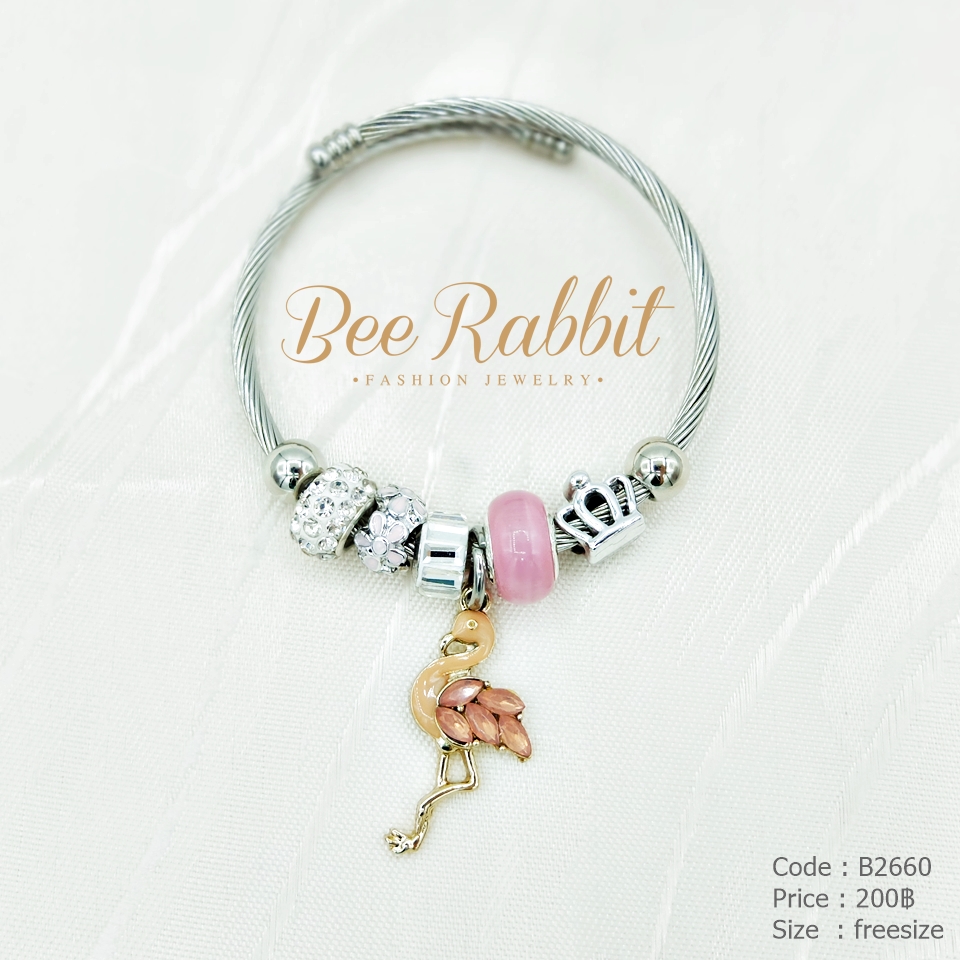 กำไลข้อมือห้อยชาร์มคริสตัล จี้รูปหงส์สีชมพู
