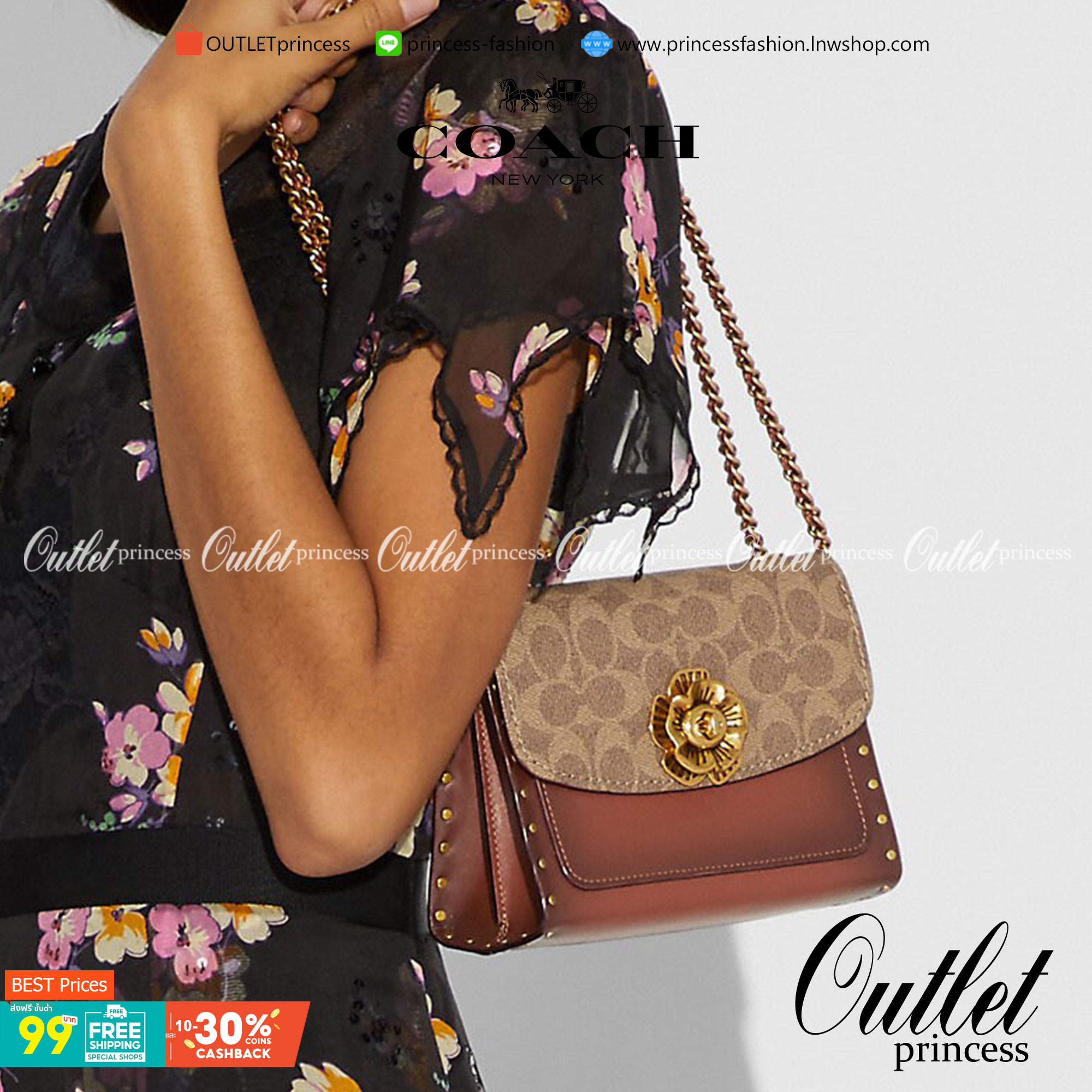 COACH 30592 PARKER 18 IN SIGNATURE CANVAS WITH RIVETS ไอเท็มยอดฮิต รุ่นหายาก!! sold out ไปหลายรอบ ก็ยังมีคนรอ!! กระเป๋าสะพายข้าง ไซส์กะทัดรัด พกพาง่าย ดีไซน์สวยด้วยการตอกหมุดเพิ่มดีเทล โดดเด่นด้วยตัวล็อครูปดอกไม้ วัสดุหนังแคนวาสเคลือบลายสลับหนังแท้ ภายในเ