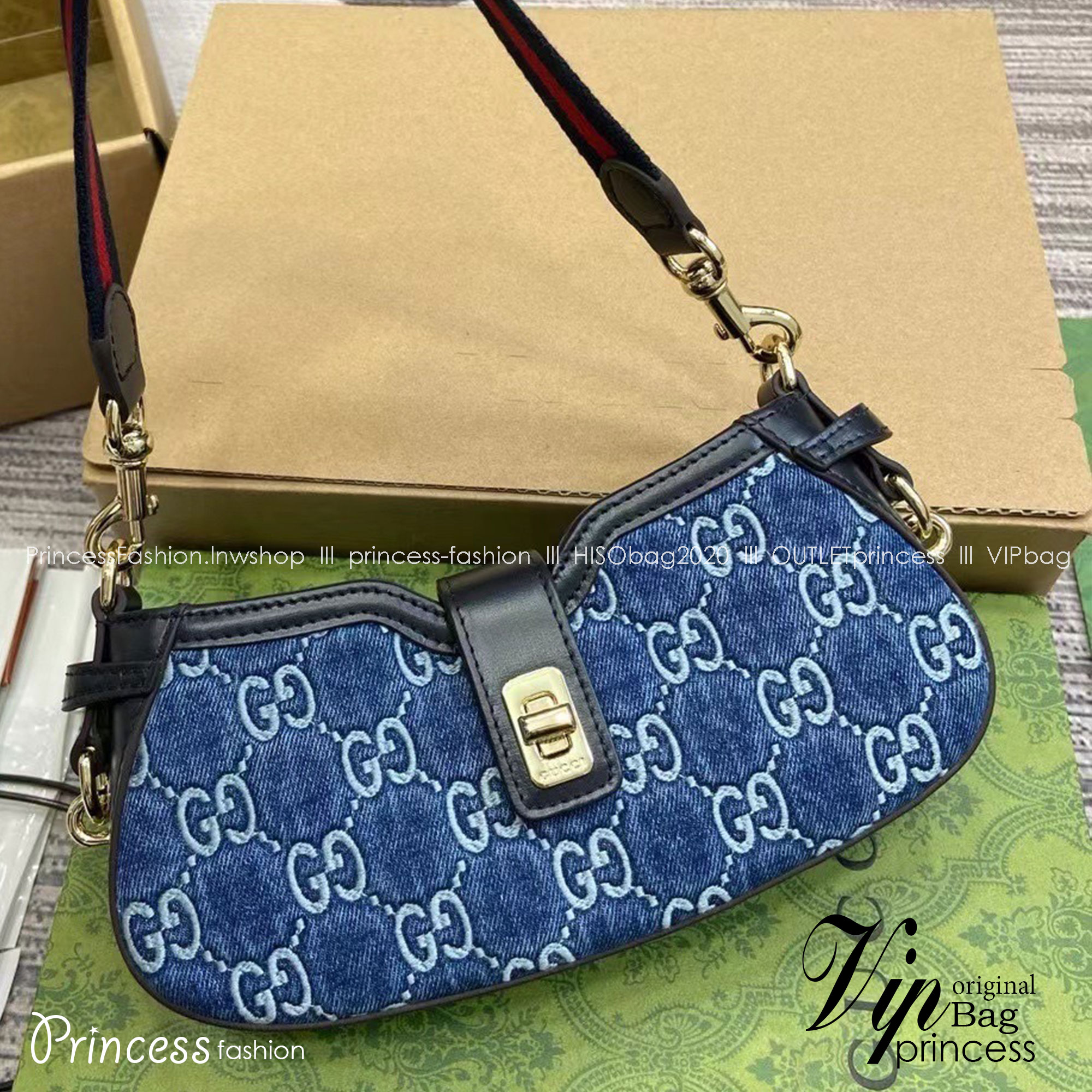 GUCCI MOON SIDE MINI SHOULDER BAG Blue GG denim กระเป๋าสะพายไหล่เดนิม เกรดออริ ท็อป สลับแท้ 1:1 เกรดดีสุด ใช้งานต่างประเทศได้